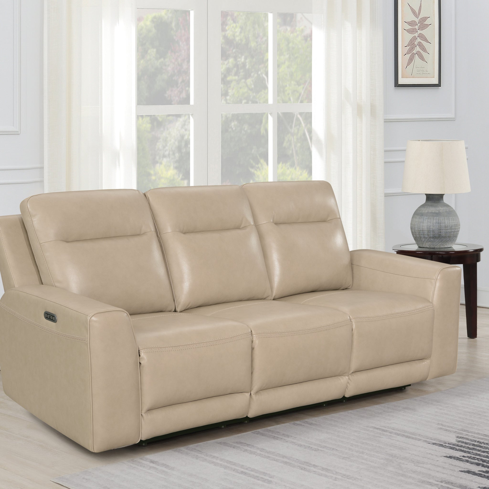 Transitional Leather Power Reclining Group Style Meets Comfort Top Grain Leather, Dual Power Footrest And Articulating Headrest Luxurious Seating Sand Leather 3 Seat