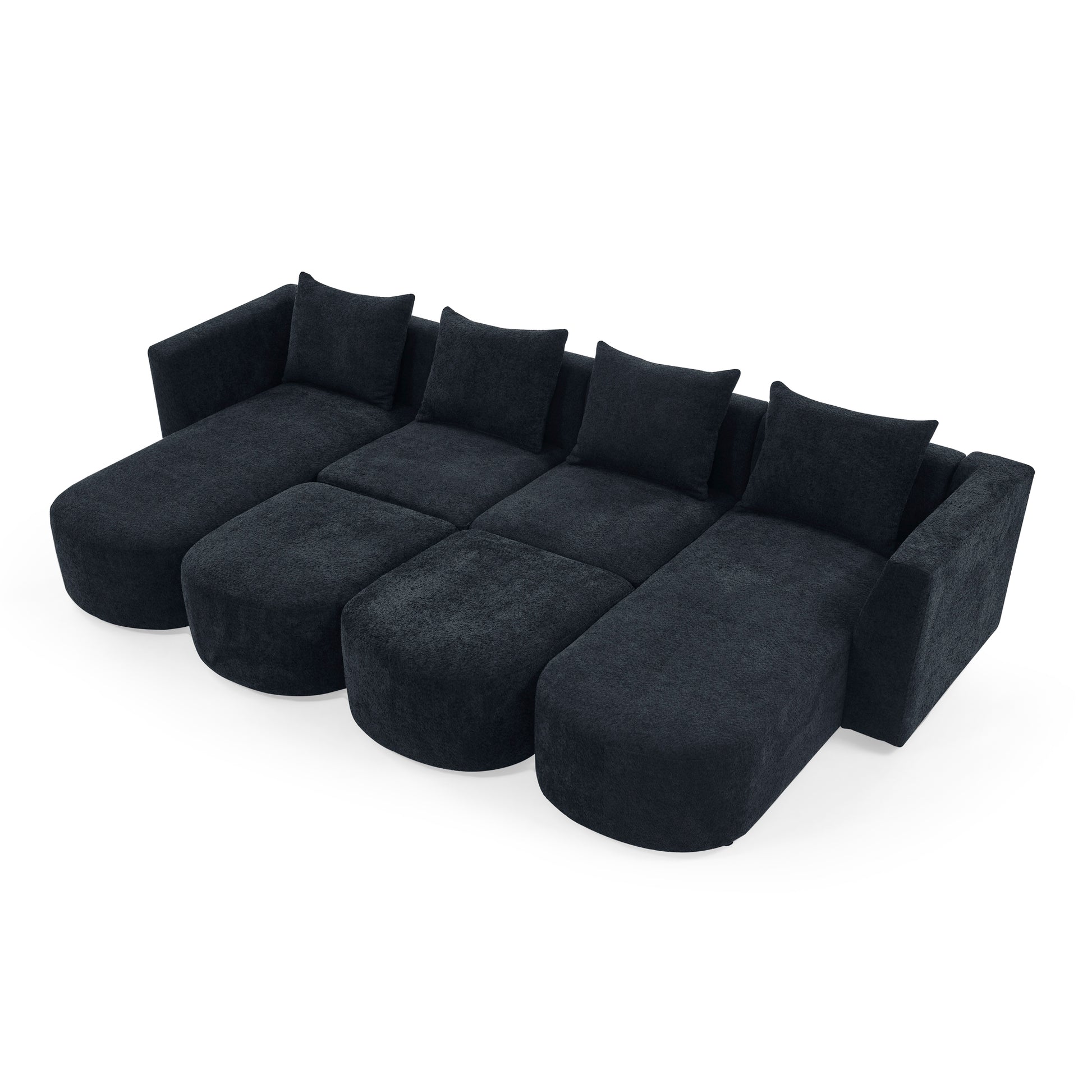 U Shape Sectional Sofa Including Two Single Seat, Two Chaises And Two Ottomans, Modular Sofa, Diy Combination, Loop Yarn Fabric, Black Black Polyester Wood Medium Soft Tight Back Eucalyptus Square Arms Polyester 6 Seat