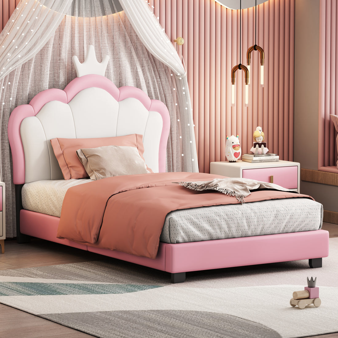 Twin Size Upholstered Princess Bed With Crown Headboard,Twin Size Platform Bed With Headboard And Footboard,White Pink Pink Pu