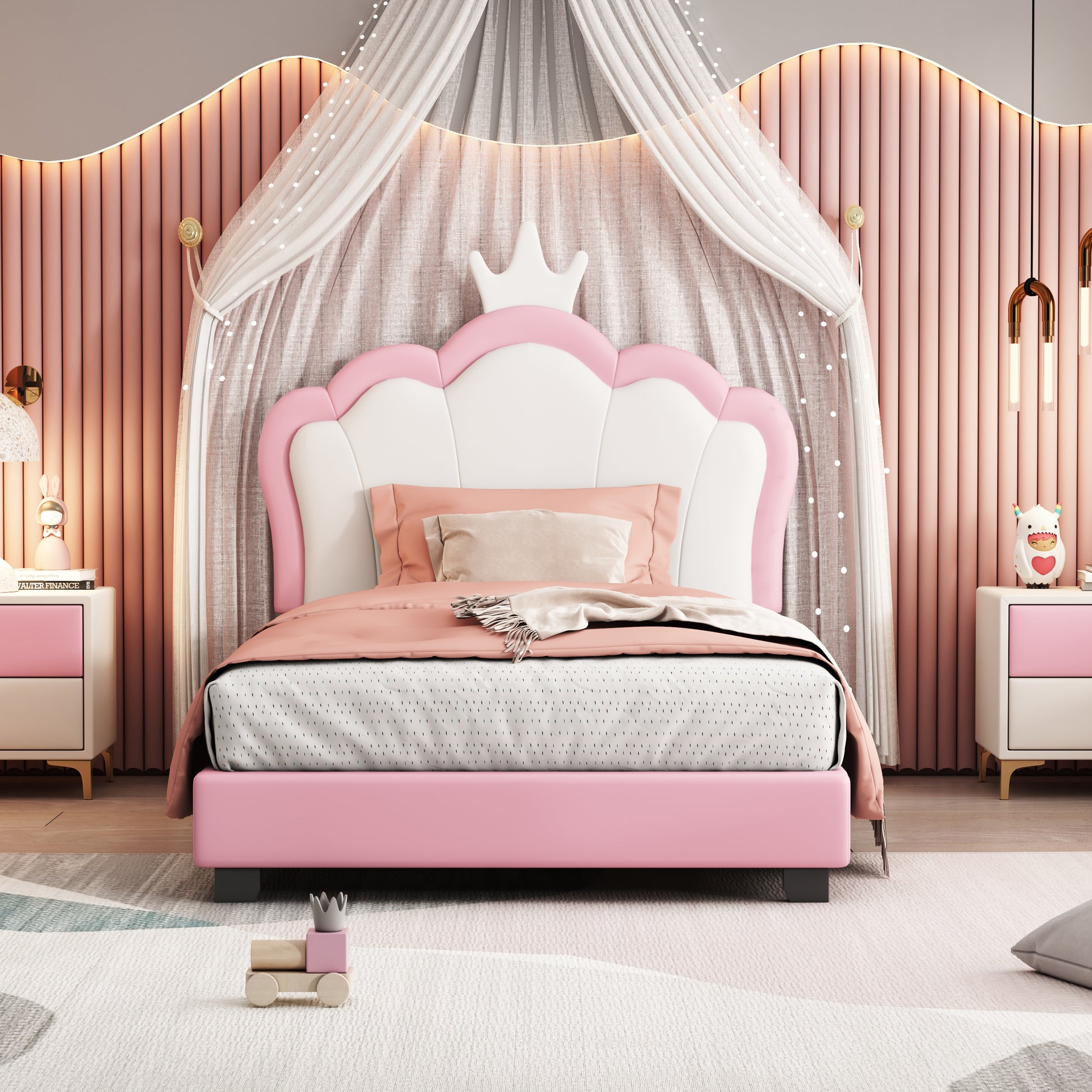 Twin Size Upholstered Princess Bed With Crown Headboard,Twin Size Platform Bed With Headboard And Footboard,White Pink Old Sku:Wf303336Aah Pink Pu