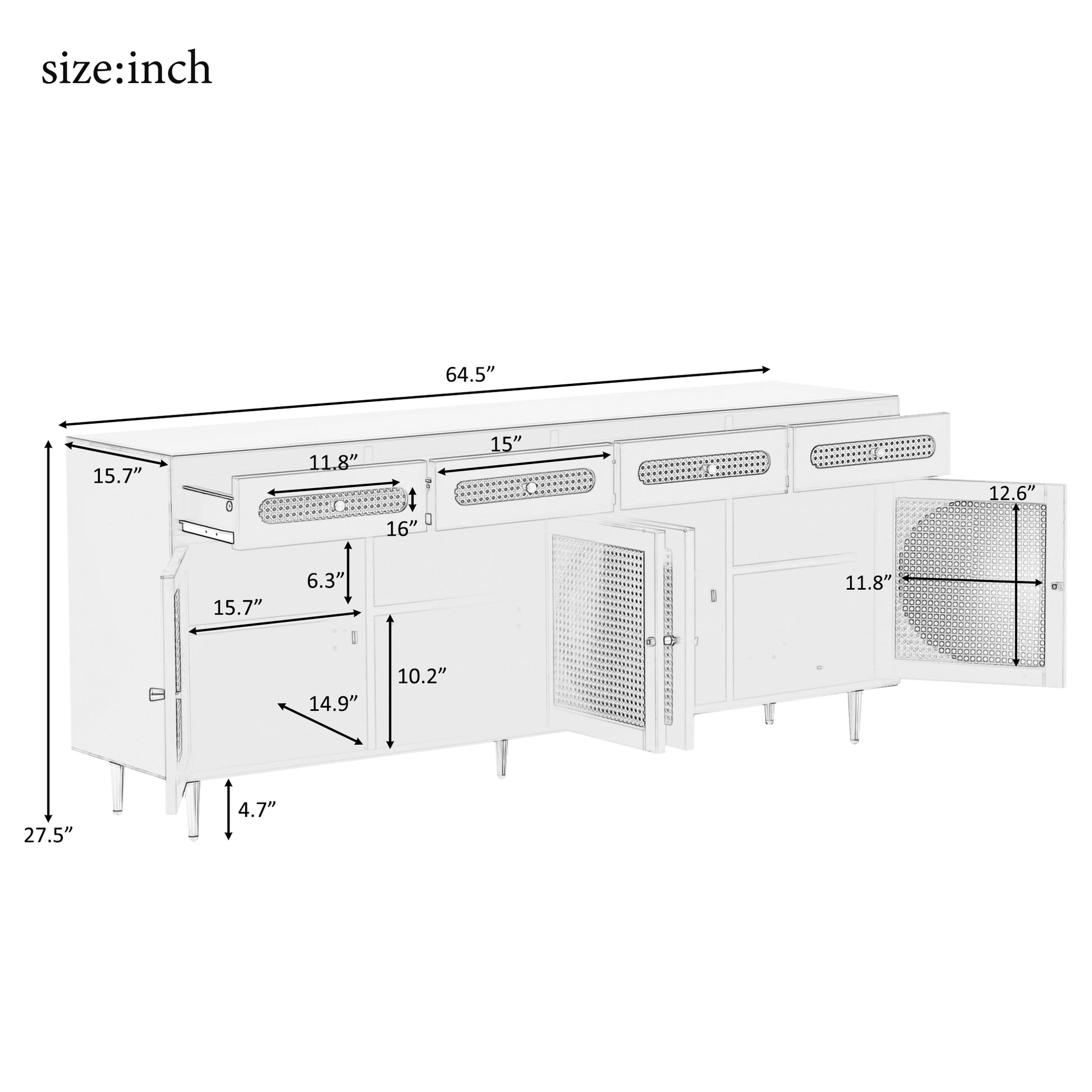 Tv Stand With Rattan Door,Woven Media Console Table With Adjustable Shelves For Tvs Up To 65",Storage Sideboard Cabinet For Living Room White Primary Living Space Modern 60 Inches Particle Board