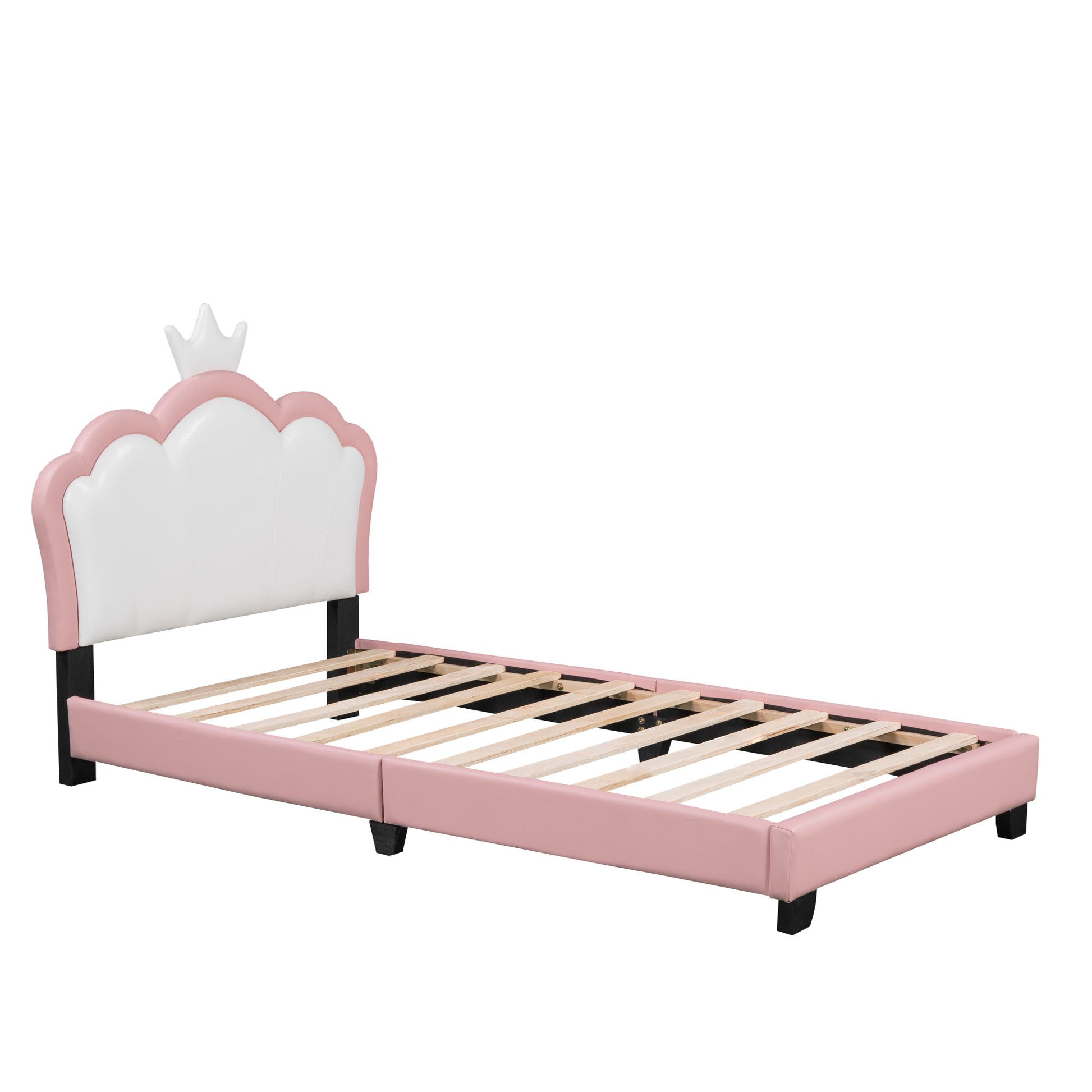 Twin Size Upholstered Princess Bed With Crown Headboard,Twin Size Platform Bed With Headboard And Footboard,White Pink Old Sku:Wf303336Aah Pink Pu