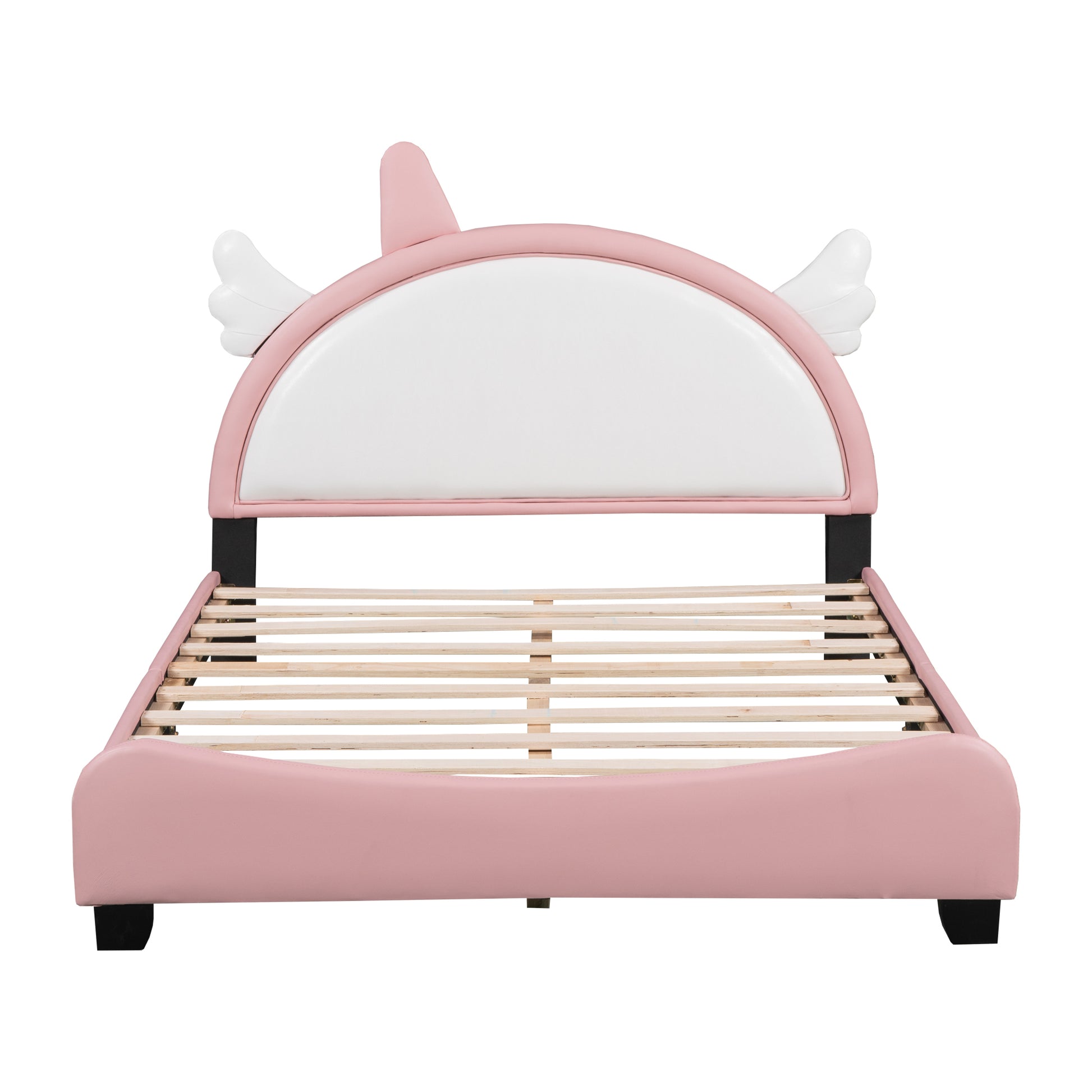 Cute Full Size Upholstered Bed With Unicorn Shape Headboard,Full Size Platform Bed With Headboard And Footboard,White Pink Full Pink Pu