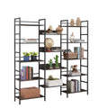 Triple Wide 5 Shelf Bookshelves Industrial Retro Wooden Style Home And Office Large Open Bookshelves, Dark Grey, 69.3