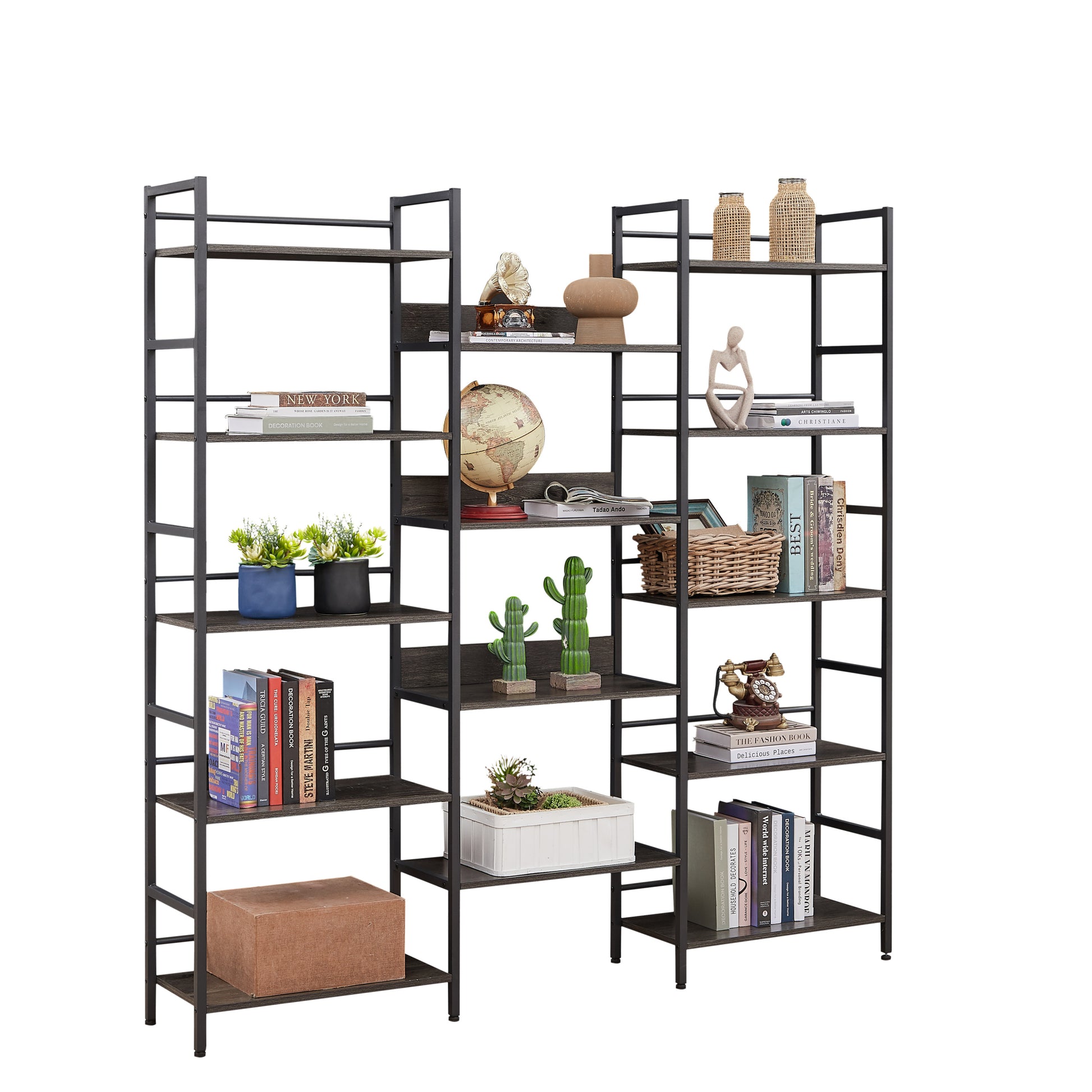 Triple Wide 5 Shelf Bookshelves Industrial Retro Wooden Style Home And Office Large Open Bookshelves, Dark Grey, 69.3"W X 11.8"D X 70.1"H Dark Grey Particle Board