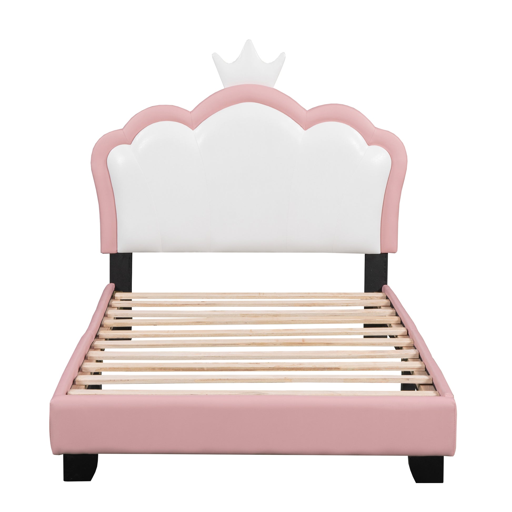 Twin Size Upholstered Princess Bed With Crown Headboard,Twin Size Platform Bed With Headboard And Footboard,White Pink Pink Pu