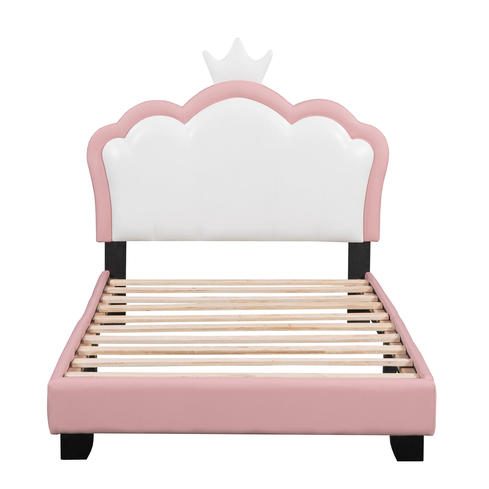 Twin Size Upholstered Princess Bed With Crown Headboard,Twin Size Platform Bed With Headboard And Footboard,White Pink Old Sku:Wf303336Aah Pink Pu