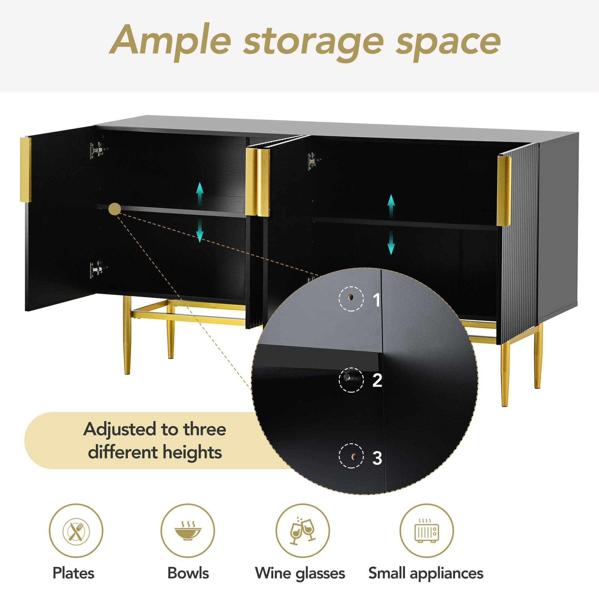 Modern Elegant 4 Door Sideboard Gold Metal Handle Buffet Cabinet For Dining Room, Living Room, Bedroom, Hallway Black Black Particle Board