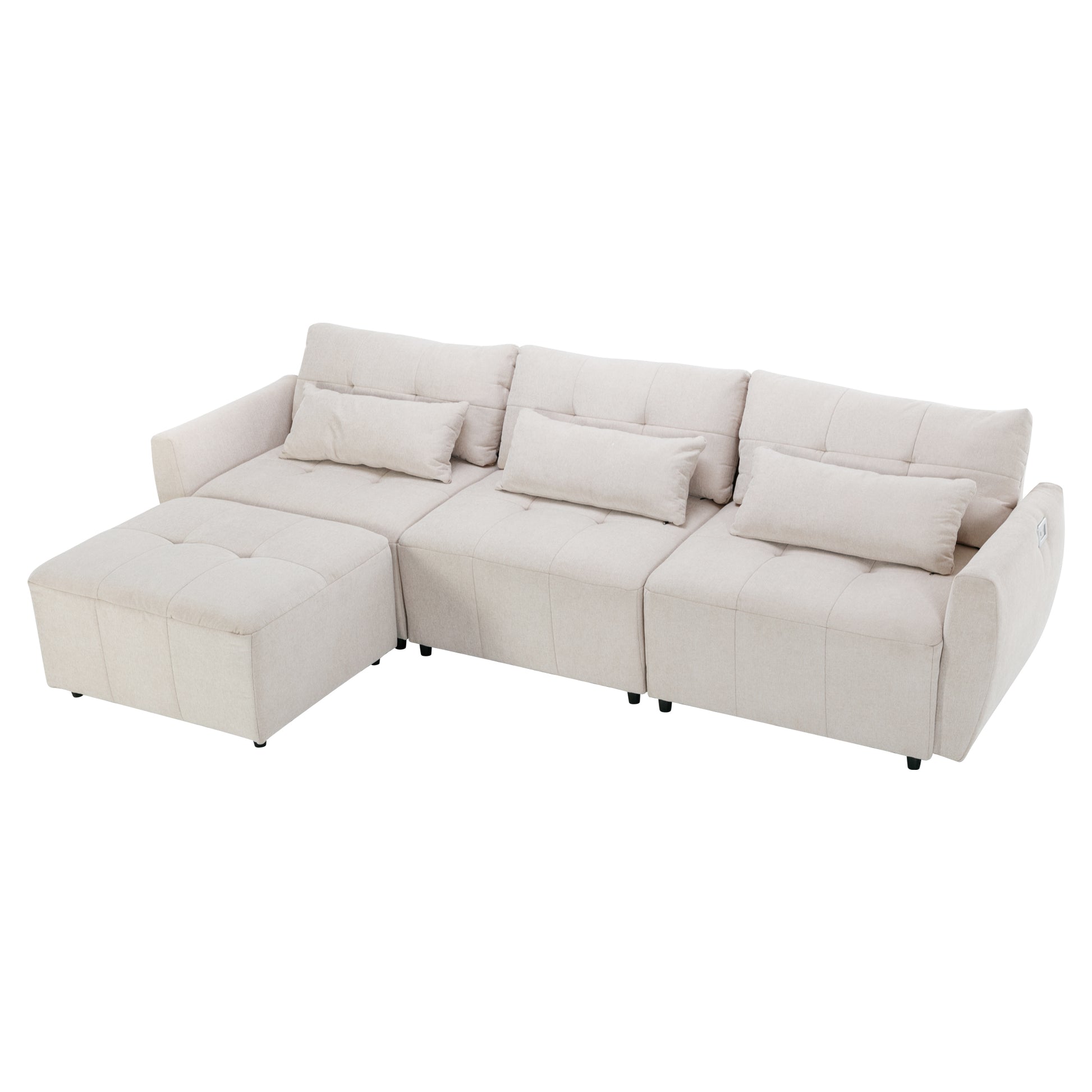 113.3" Convertible Sectional Sofa Couch 3 Seat L Shaped Sofa With Movable Ottoman And Usb For Apartment, Living Room, Bedroom, Beige Beige Chenille 3 Seat