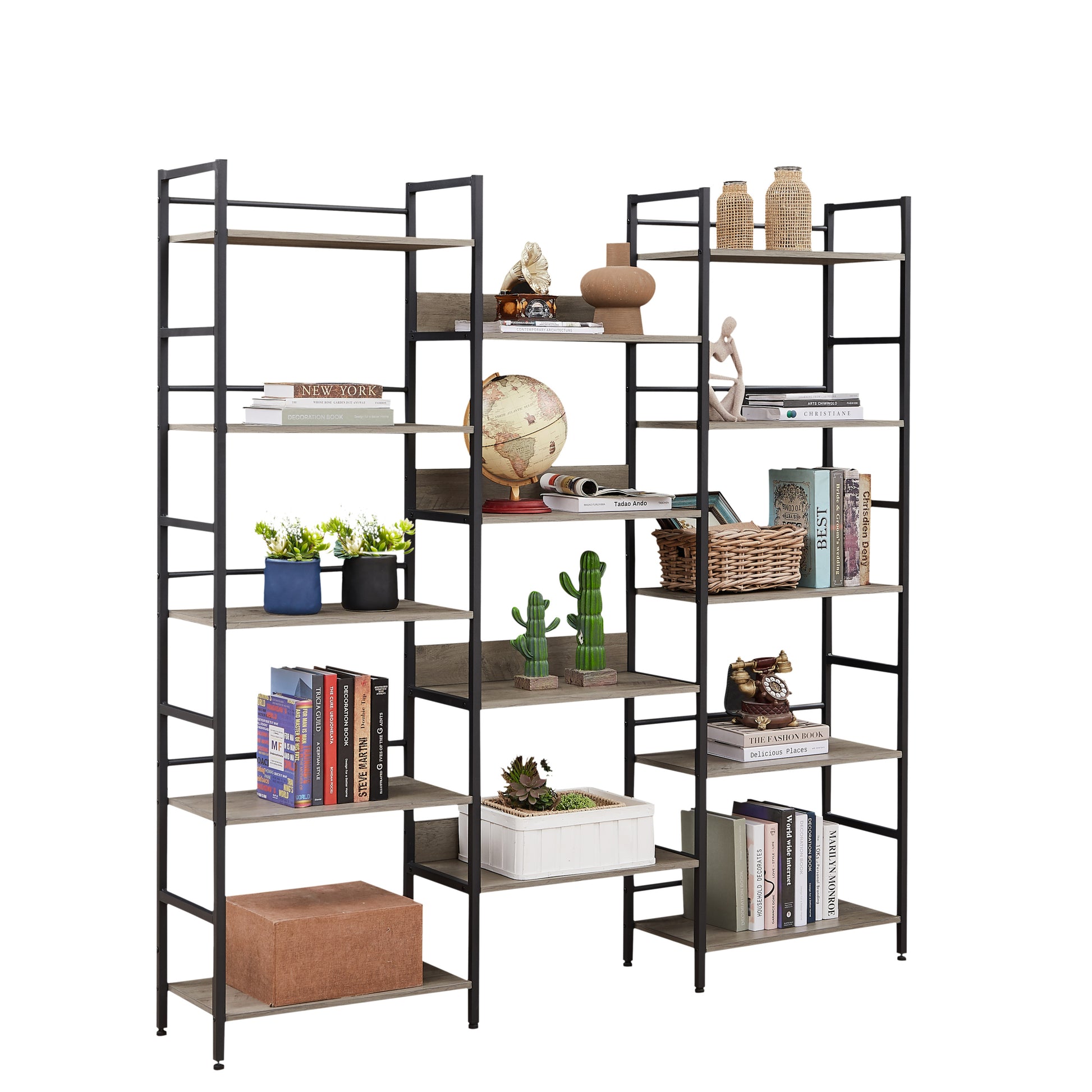 Triple Wide 5 Shelf Bookshelves Industrial Retro Wooden Style Home And Office Large Open Bookshelves, Grey, 69.3"W X 11.8"D X 70.1"H Grey Particle Board