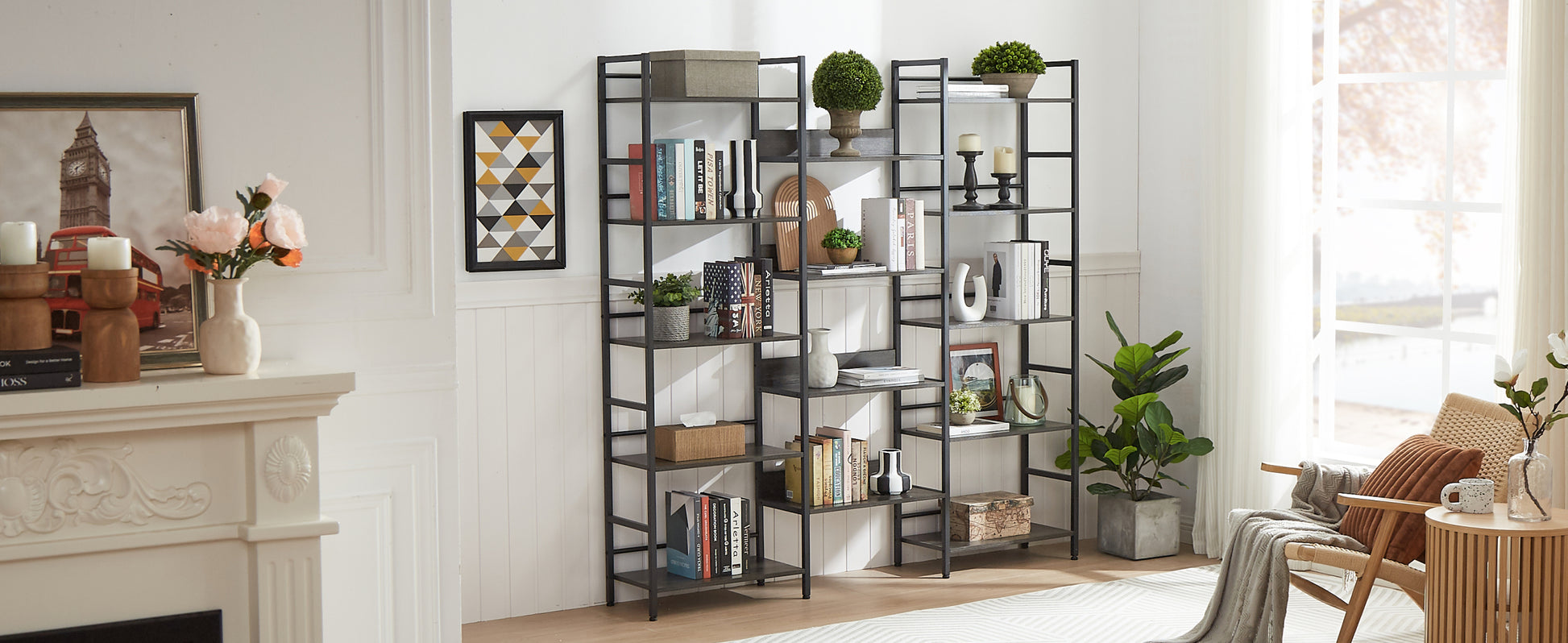 Triple Wide 5 Shelf Bookshelves Industrial Retro Wooden Style Home And Office Large Open Bookshelves, Dark Grey, 69.3"W X 11.8"D X 70.1"H Dark Grey Particle Board