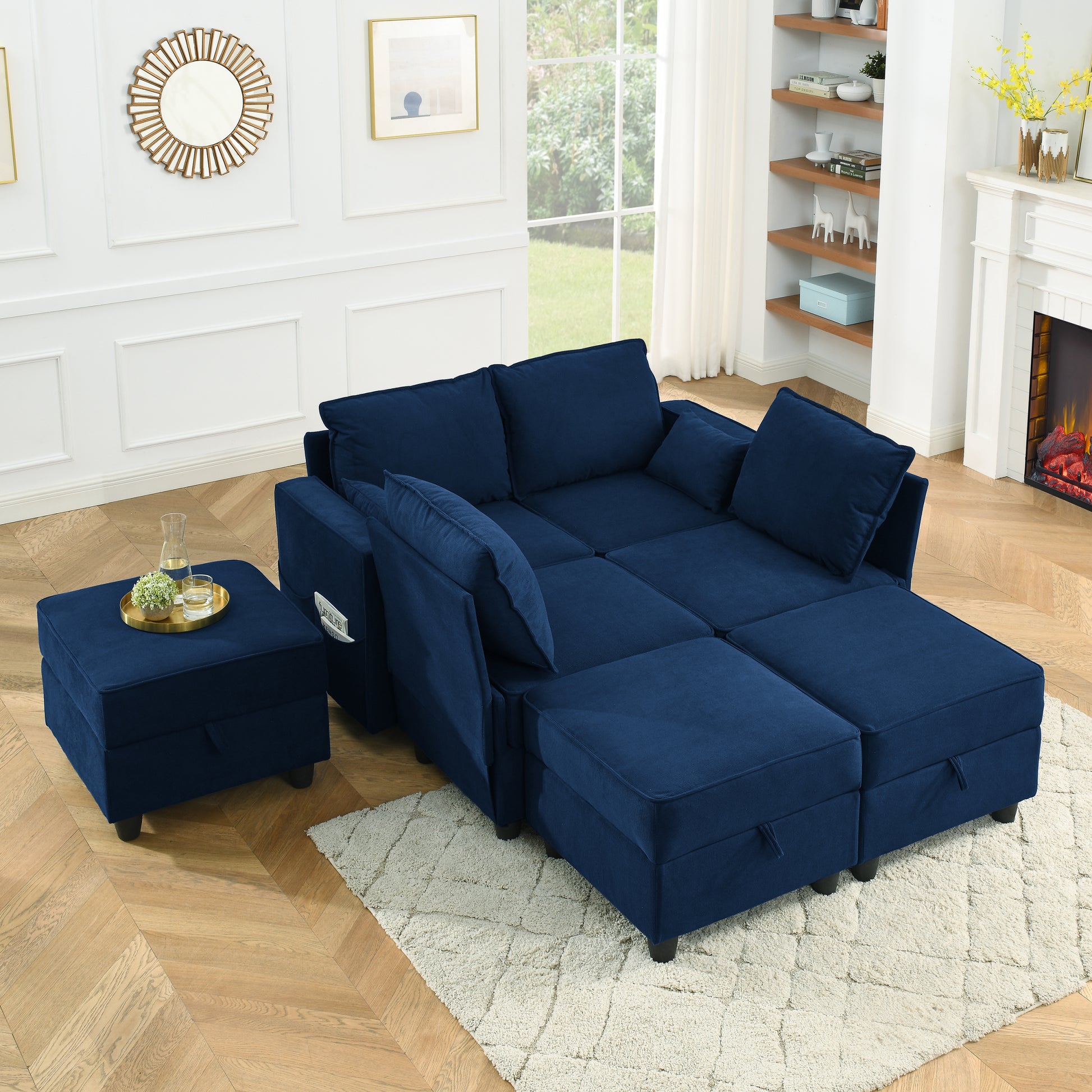 Ottoman Of Module Sofa, Navy Blue Corduroy Velvet, Spring Pack Cushions Dark Gray Corduroy