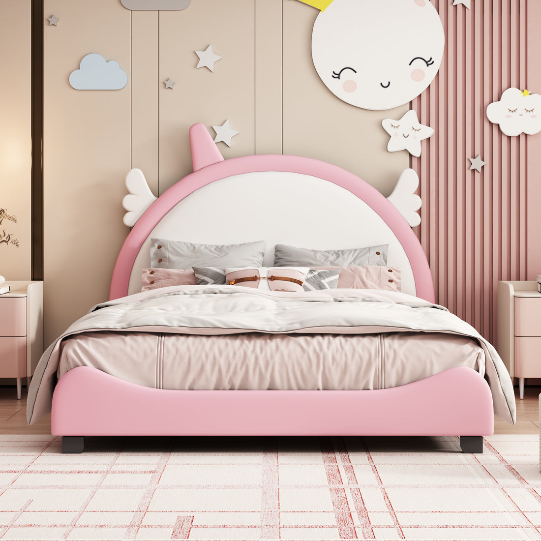 Cute Full Size Upholstered Bed With Unicorn Shape Headboard,Full Size Platform Bed With Headboard And Footboard,White Pink Full Pink Pu