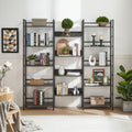 Triple Wide 5 Shelf Bookshelves Industrial Retro Wooden Style Home And Office Large Open Bookshelves, Dark Grey, 69.3