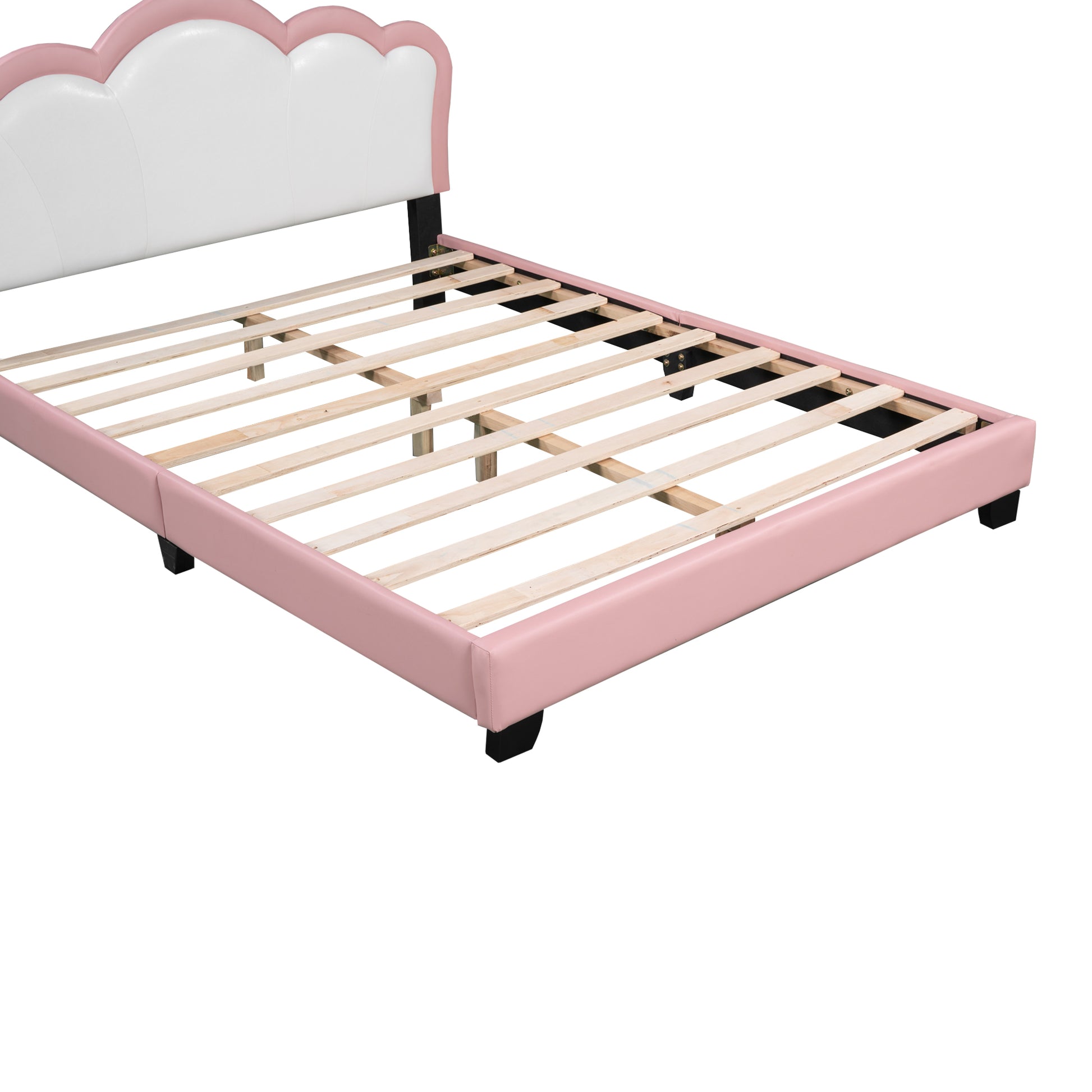 Full Size Upholstered Princess Bed With Crown Headboard,Full Size Platform Bed With Headboard And Footboard,White Pink Pink Pu