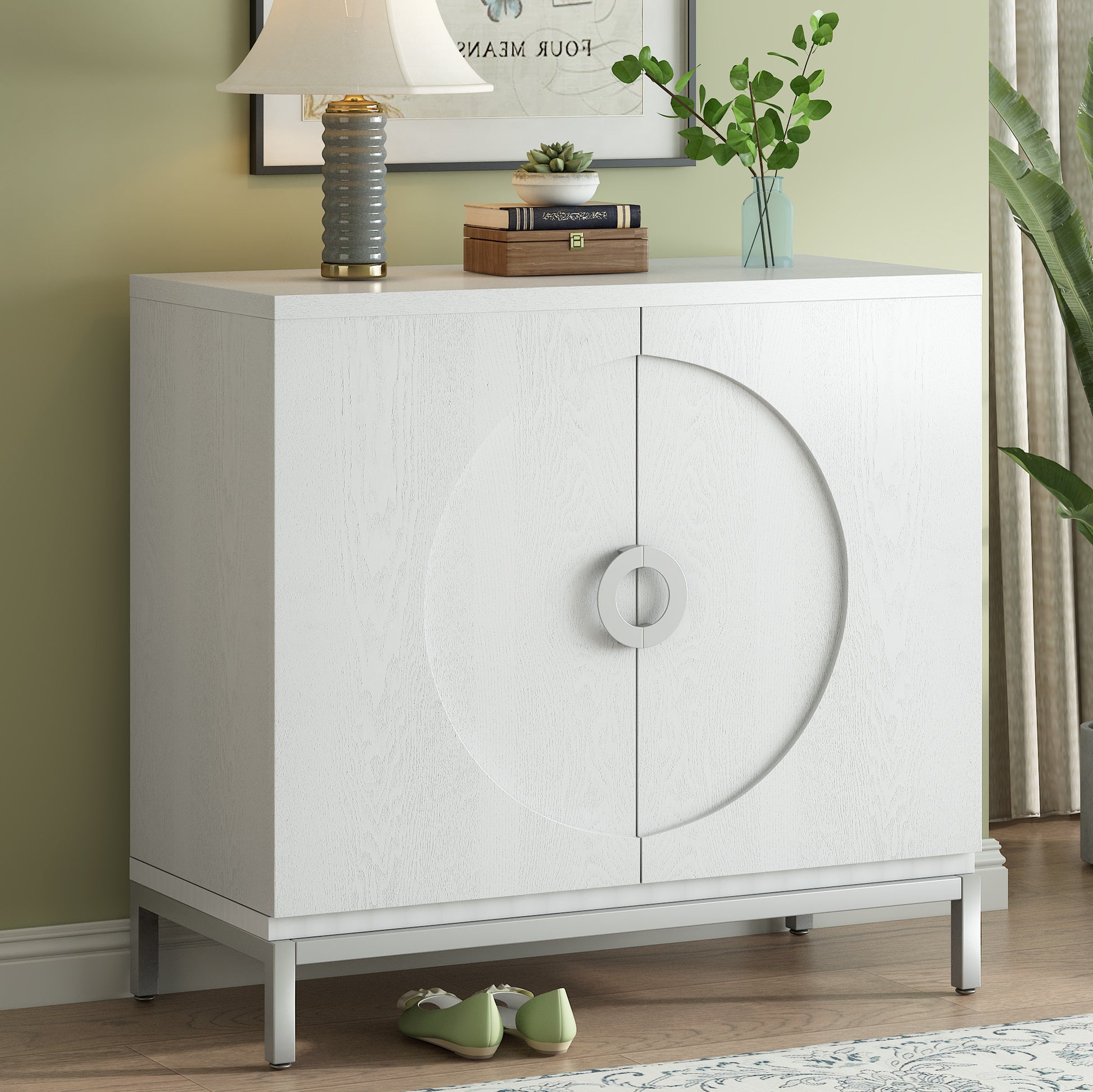 Simple Storage Cabinet Accent Cabinet With Solid Wood Veneer And Metal Leg Frame For Living Room, Entryway, Dining Room White White Mdf