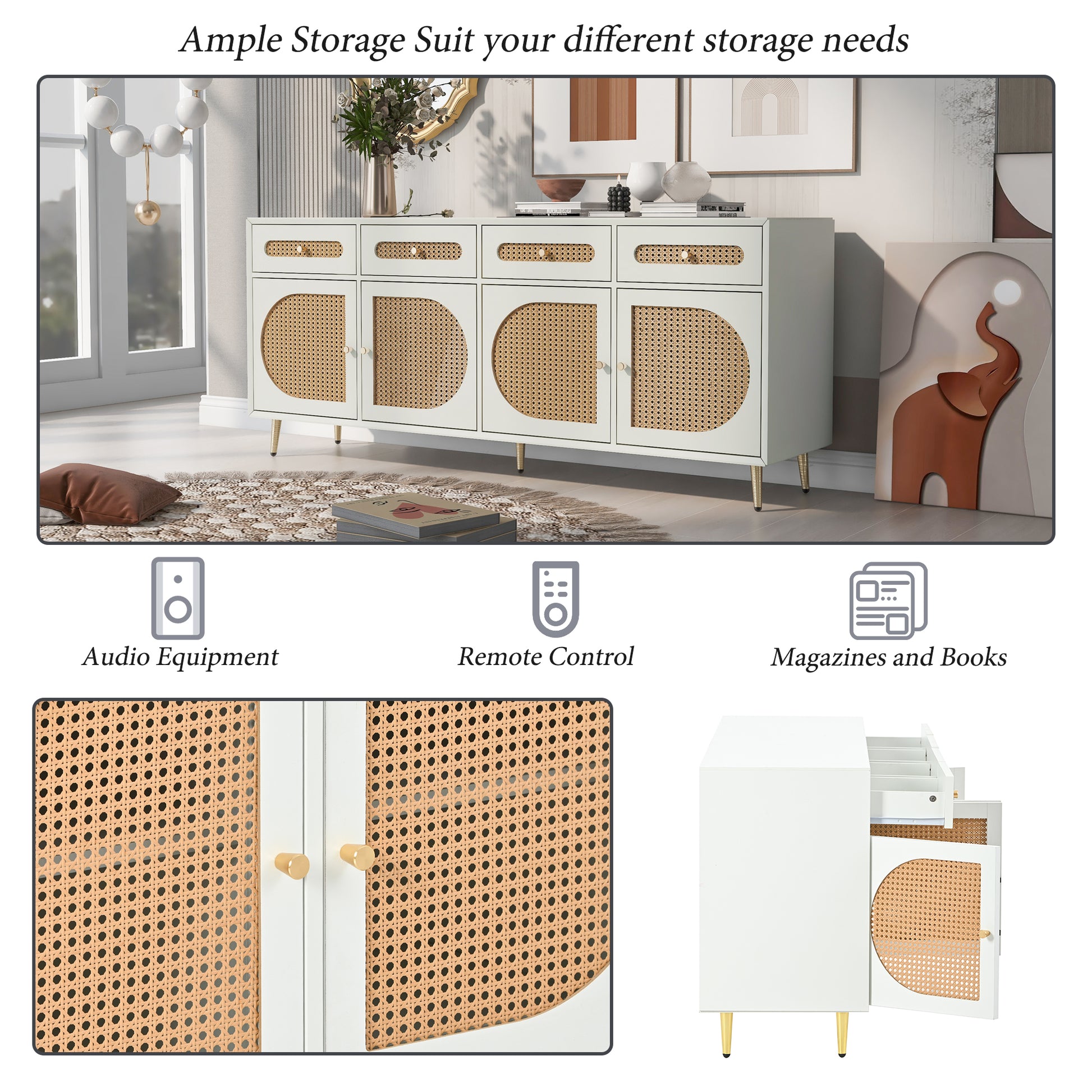 Tv Stand With Rattan Door,Woven Media Console Table With Adjustable Shelves For Tvs Up To 65",Storage Sideboard Cabinet For Living Room White Primary Living Space Modern 60 Inches Particle Board