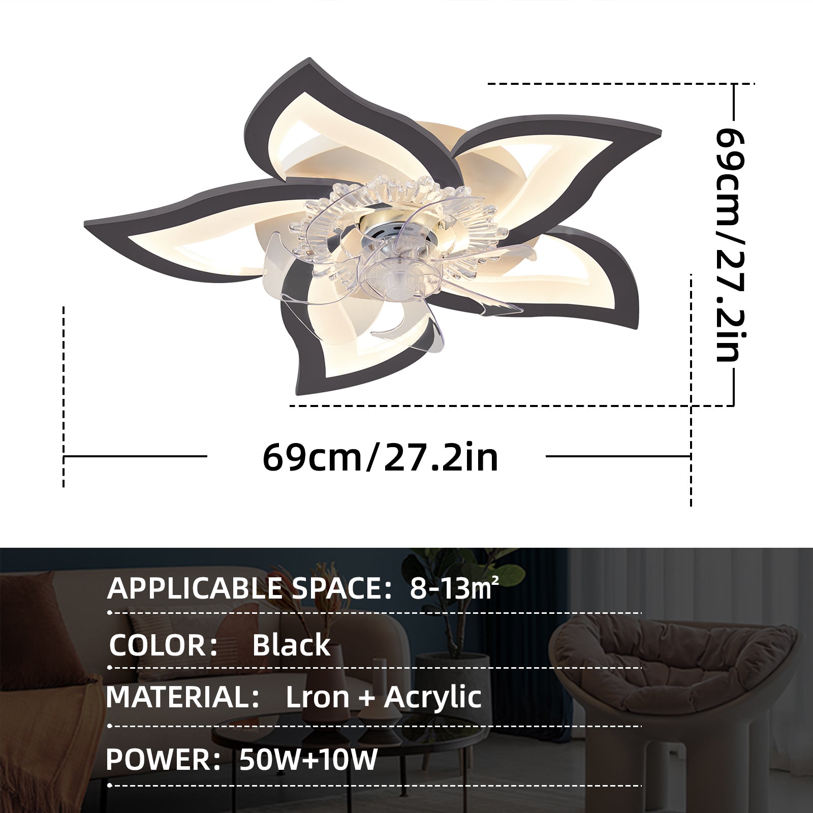 27In Ceiling Fan With Lights Remote Contro Dimmable Led,6 Gear Wind Speed Fan Light Black Modern Acrylic