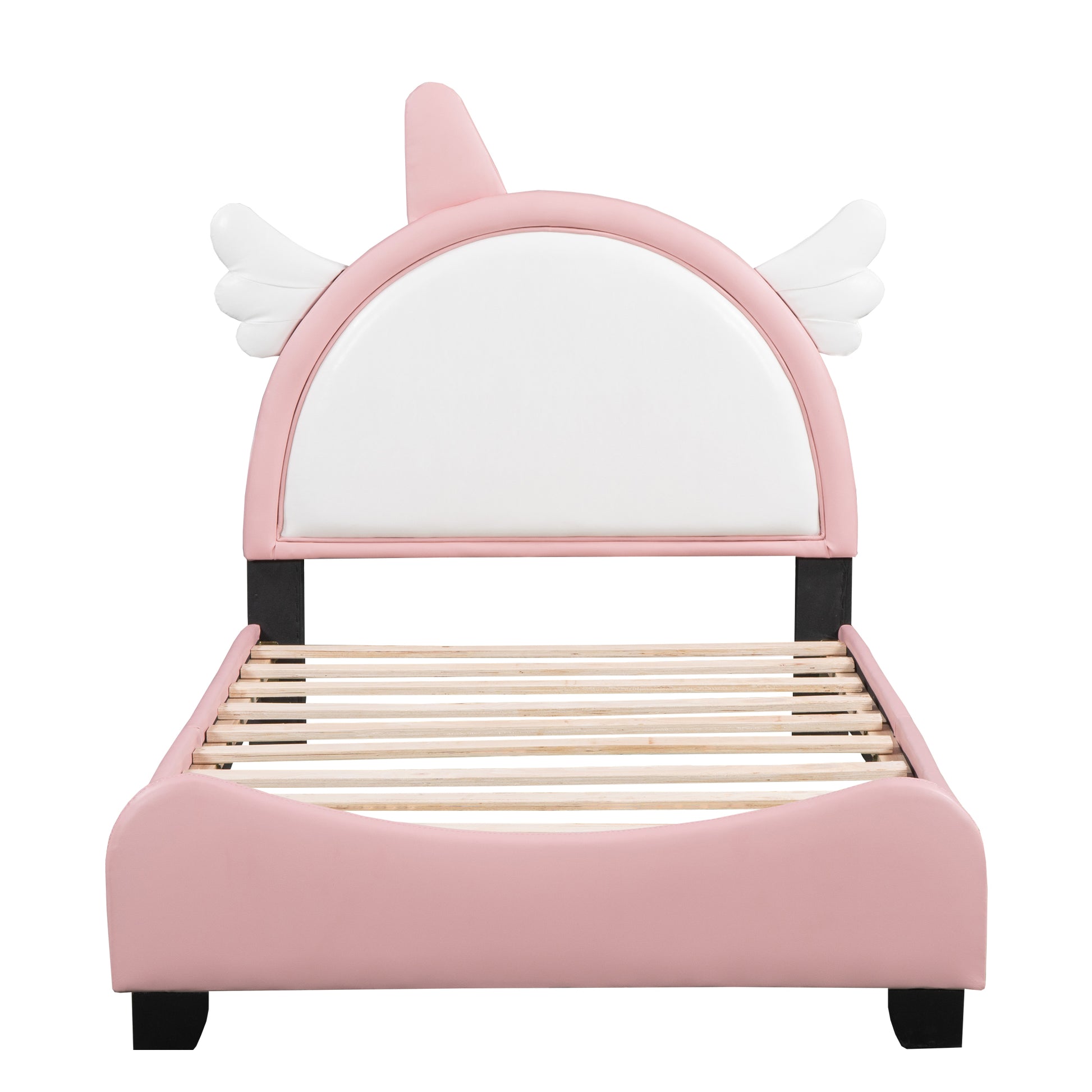 Cute Twin Size Upholstered Bed With Unicorn Shape Headboard,Twin Size Platform Bed With Headboard And Footboard,White Pink Pink Pu