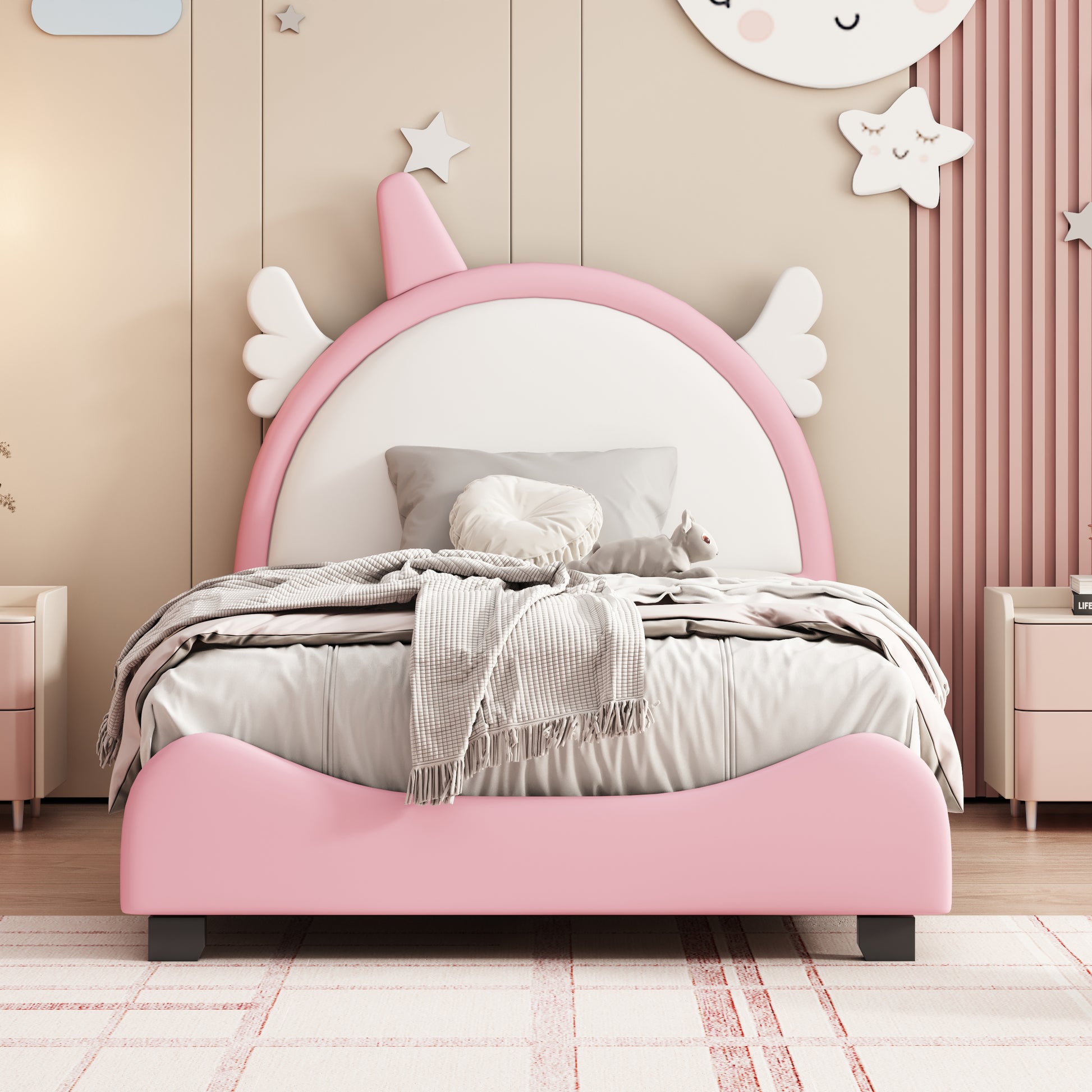 Cute Twin Size Upholstered Bed With Unicorn Shape Headboard,Twin Size Platform Bed With Headboard And Footboard,White Pink Pink Pu