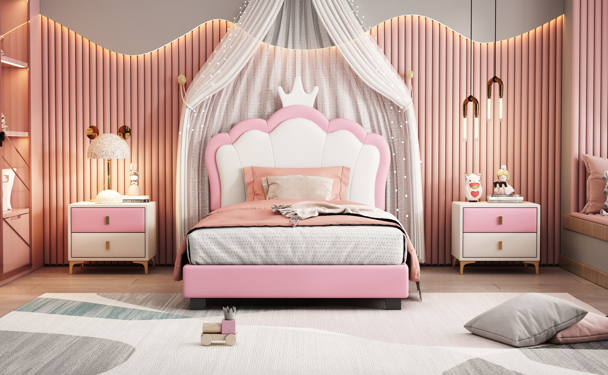 Twin Size Upholstered Princess Bed With Crown Headboard,Twin Size Platform Bed With Headboard And Footboard,White Pink Old Sku:Wf303336Aah Pink Pu