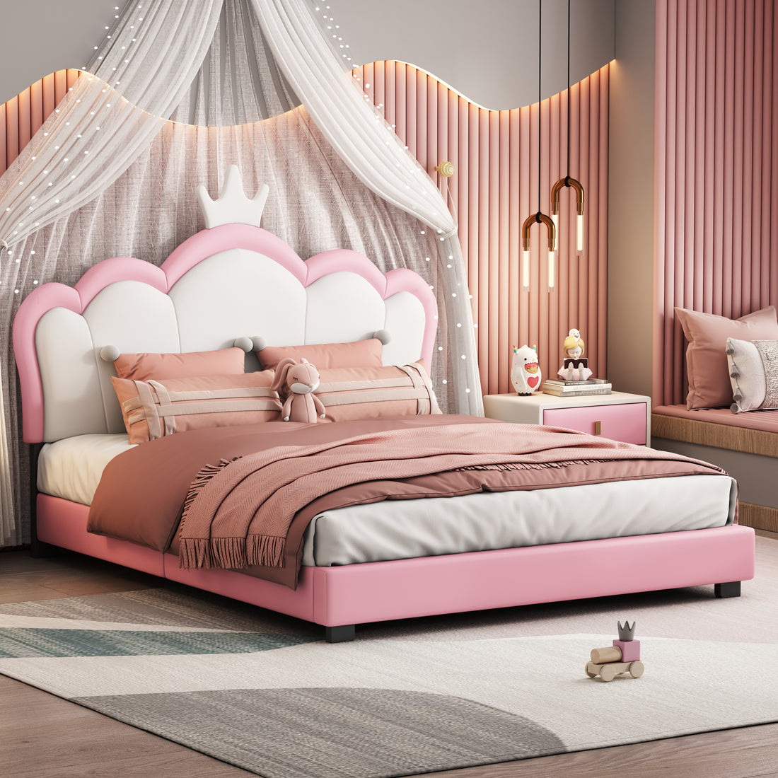 Full Size Upholstered Princess Bed With Crown Headboard,Full Size Platform Bed With Headboard And Footboard,White Pink Pink Pu