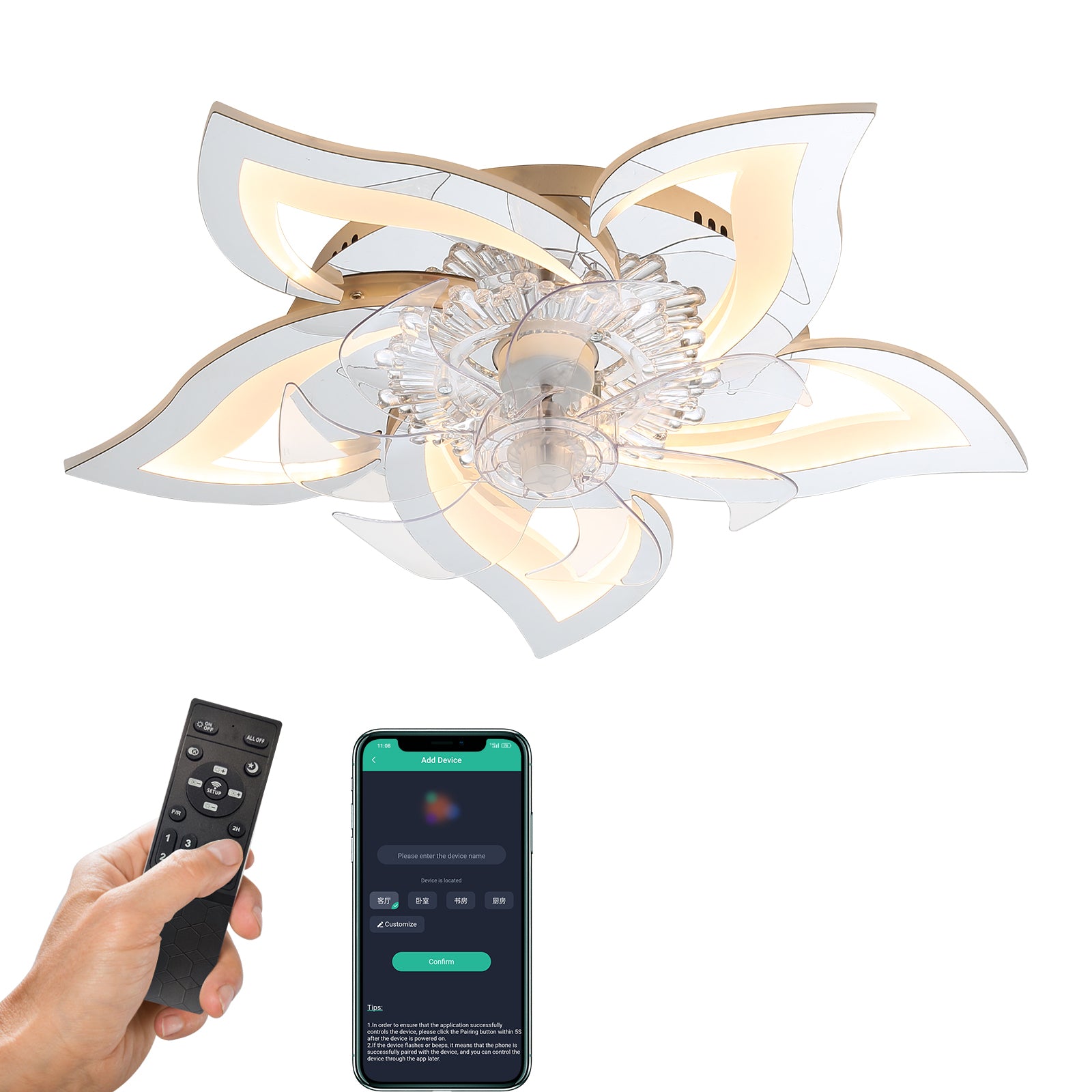 27In Ceiling Fan With Lights Remote Contro Dimmable Led,6 Gear Wind Speed Fan Light Silver Modern Stainless Steel