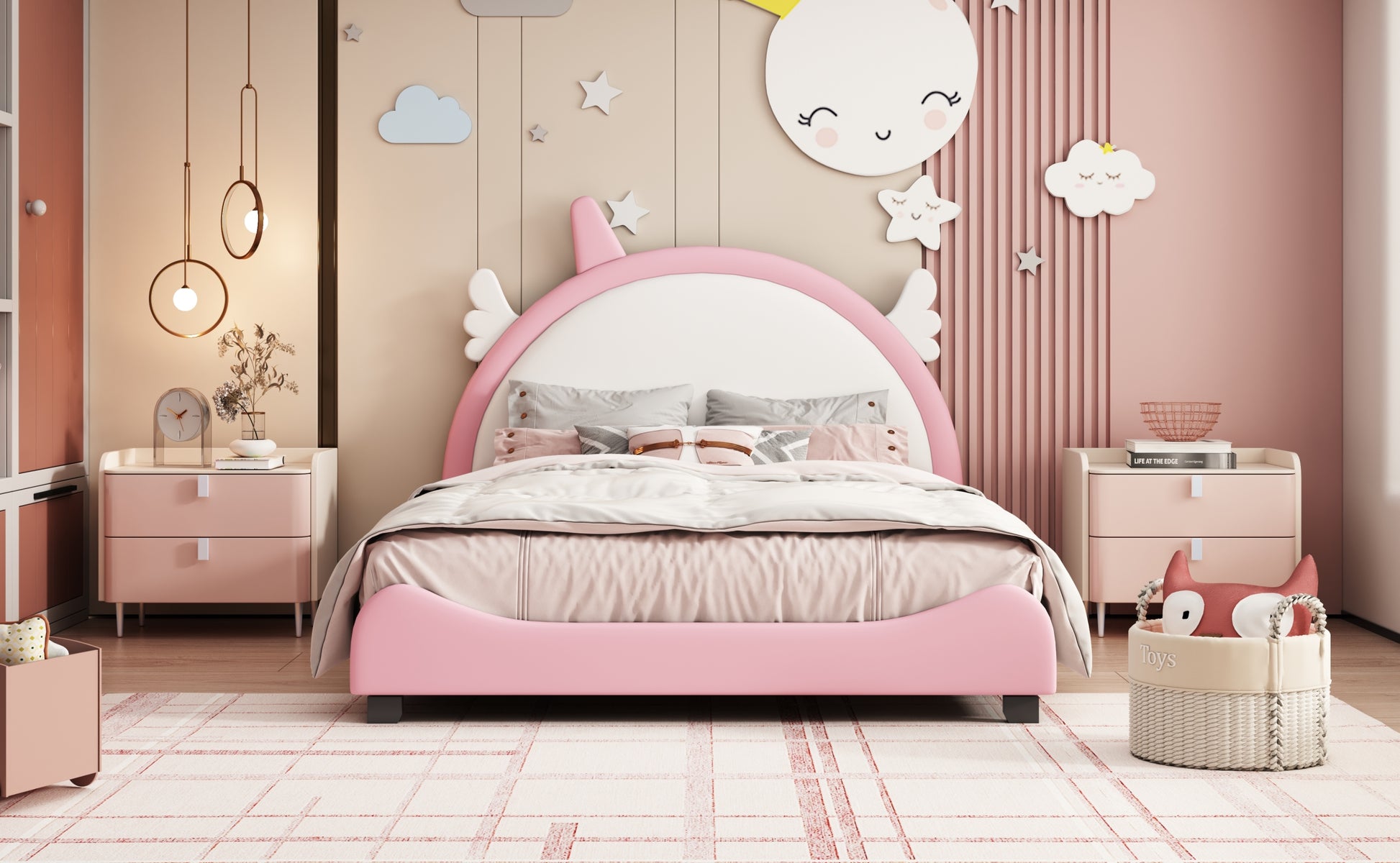 Cute Full Size Upholstered Bed With Unicorn Shape Headboard,Full Size Platform Bed With Headboard And Footboard,White Pink Full Pink Pu