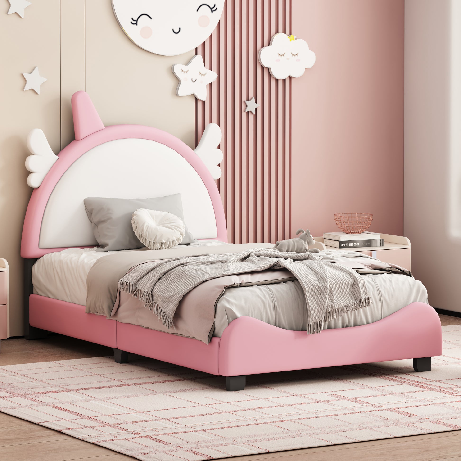 Cute Twin Size Upholstered Bed With Unicorn Shape Headboard,Twin Size Platform Bed With Headboard And Footboard,White Pink Pink Pu