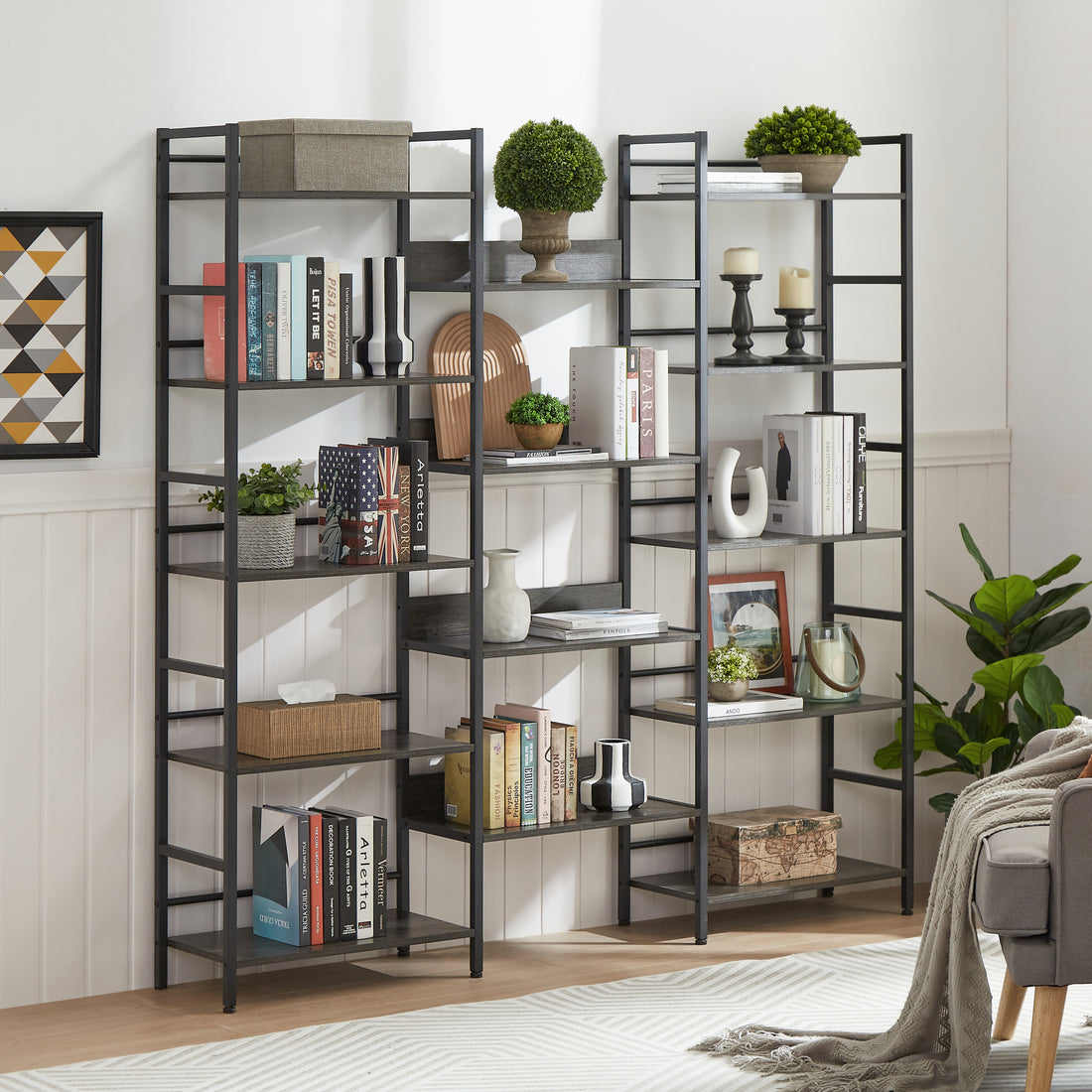 Triple Wide 5 Shelf Bookshelves Industrial Retro Wooden Style Home And Office Large Open Bookshelves, Dark Grey, 69.3"W X 11.8"D X 70.1"H Dark Grey Particle Board