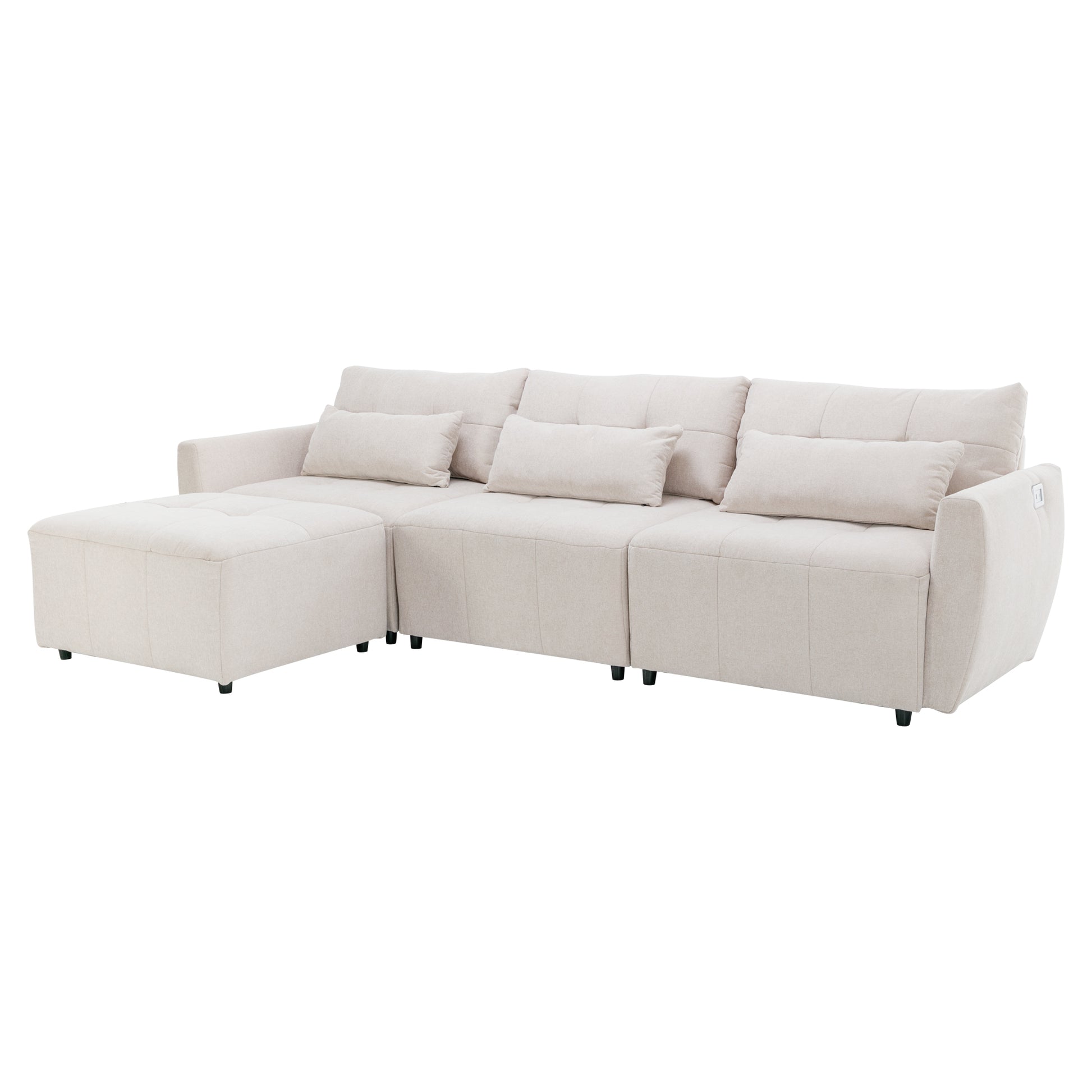 113.3" Convertible Sectional Sofa Couch 3 Seat L Shaped Sofa With Movable Ottoman And Usb For Apartment, Living Room, Bedroom, Beige Beige Chenille 3 Seat