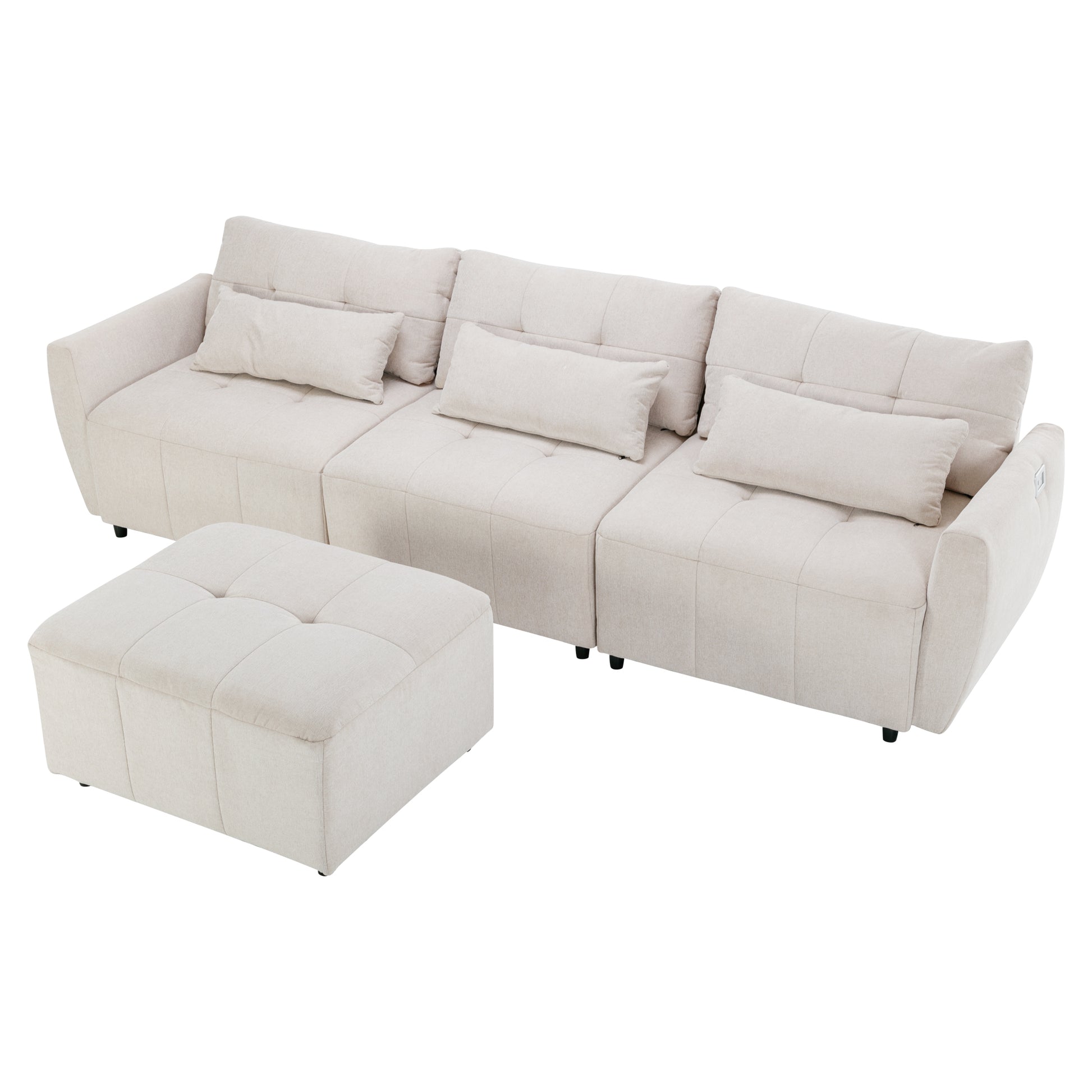 113.3" Convertible Sectional Sofa Couch 3 Seat L Shaped Sofa With Movable Ottoman And Usb For Apartment, Living Room, Bedroom, Beige Beige Chenille 3 Seat