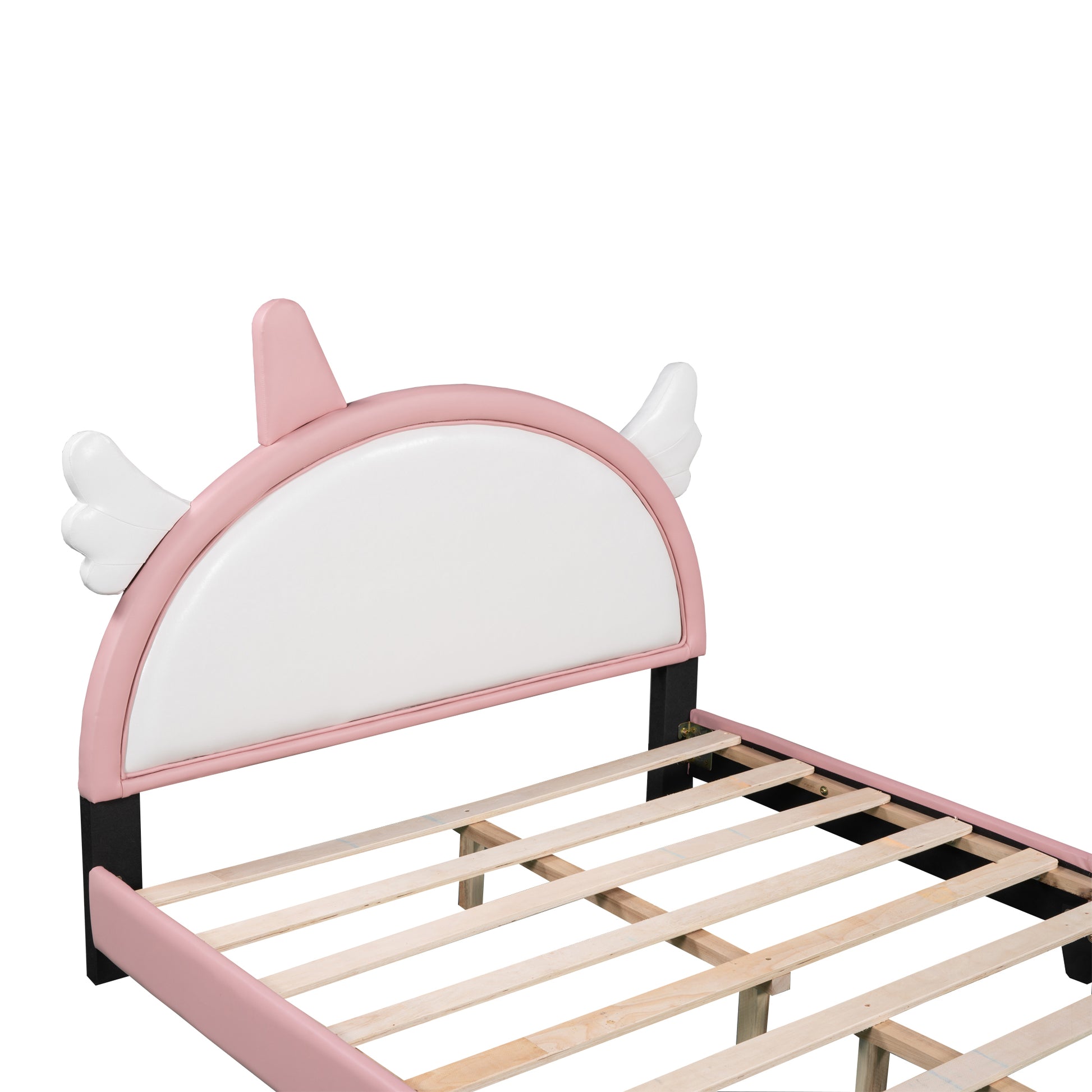 Cute Full Size Upholstered Bed With Unicorn Shape Headboard,Full Size Platform Bed With Headboard And Footboard,White Pink Full Pink Pu