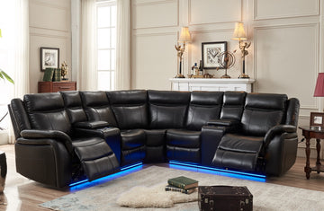 Le153 Power Reclining Sectional Black W Led Strip Black Technical Leather