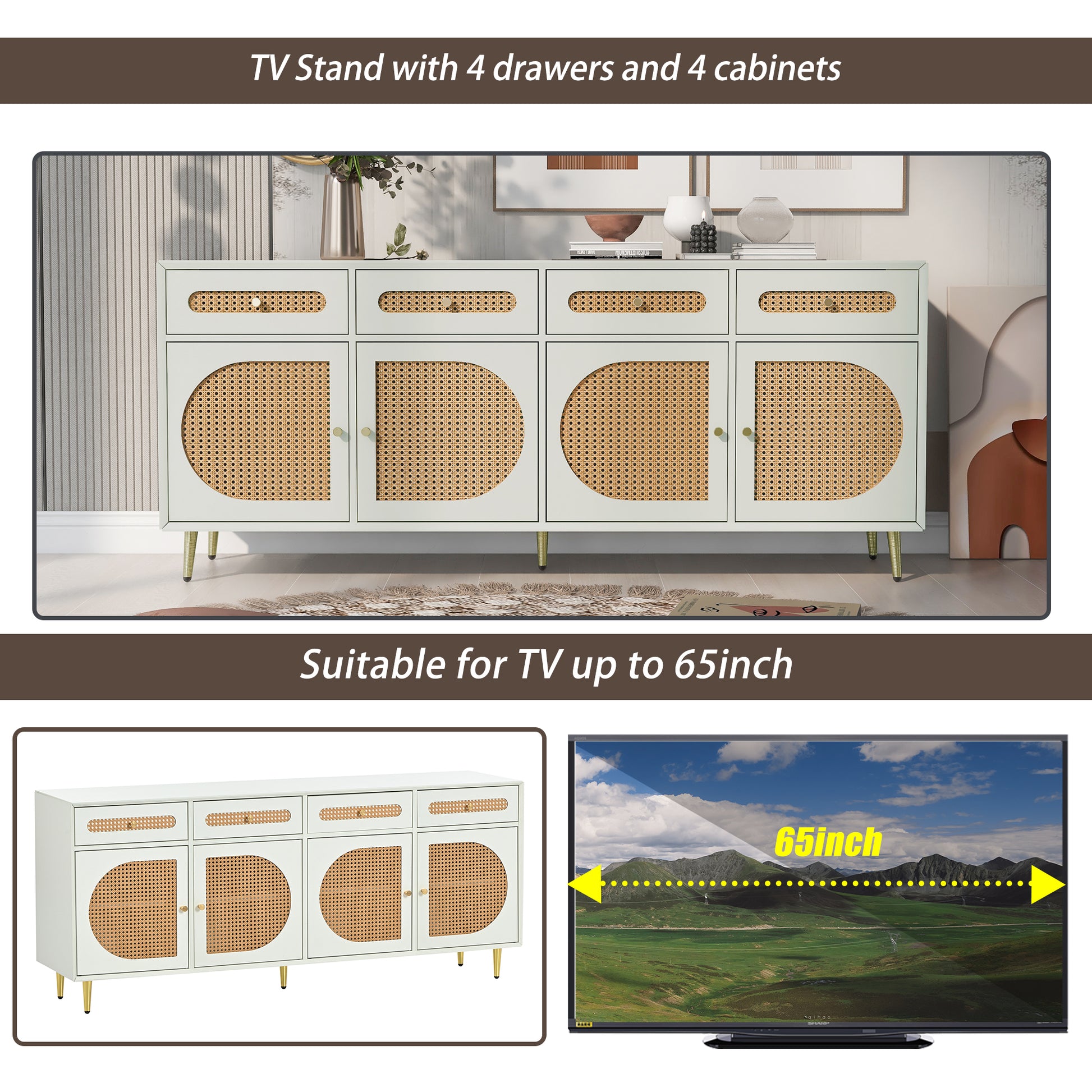 Tv Stand With Rattan Door,Woven Media Console Table With Adjustable Shelves For Tvs Up To 65",Storage Sideboard Cabinet For Living Room White Primary Living Space Modern 60 Inches Particle Board