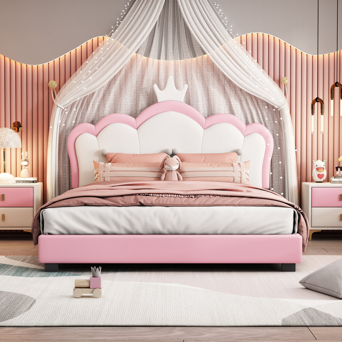 Full Size Upholstered Princess Bed With Crown Headboard,Full Size Platform Bed With Headboard And Footboard,White Pink Pink Pu