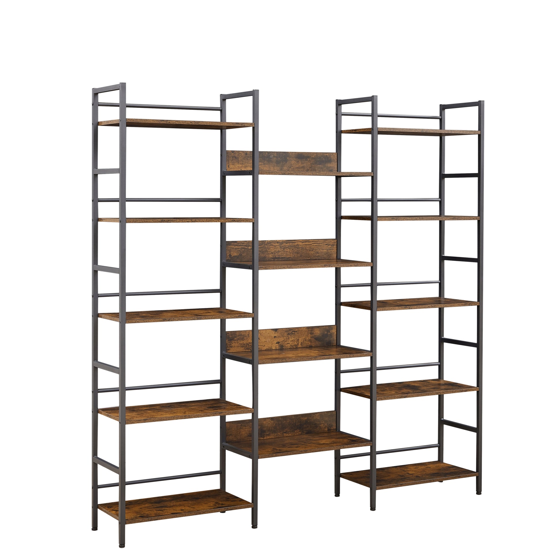 Triple Wide 5 Shelf Bookshelves Industrial Retro Wooden Style Home And Office Large Open Bookshelves, Rustic Brown 69.3 W X 11.8 D X 70.1 H Rustic Brown Particle Board