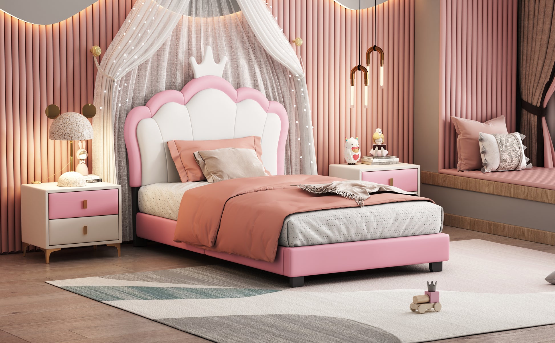 Twin Size Upholstered Princess Bed With Crown Headboard,Twin Size Platform Bed With Headboard And Footboard,White Pink Old Sku:Wf303336Aah Pink Pu