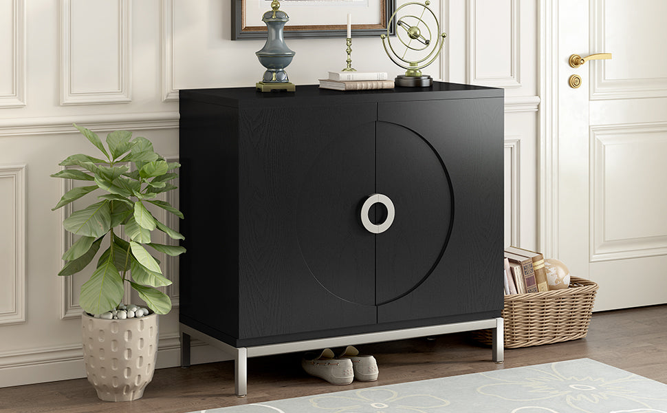 Simple Storage Cabinet Accent Cabinet With Solid Wood Veneer And Metal Leg Frame For Living Room, Entryway, Dining Room Black Black Mdf