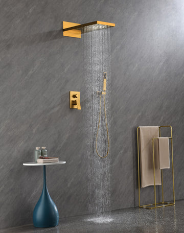 Shower System,Waterfall Rainfall Shower Head With Handheld, Shower Faucet Set For Bathroom Wall Mounted Gold Brass