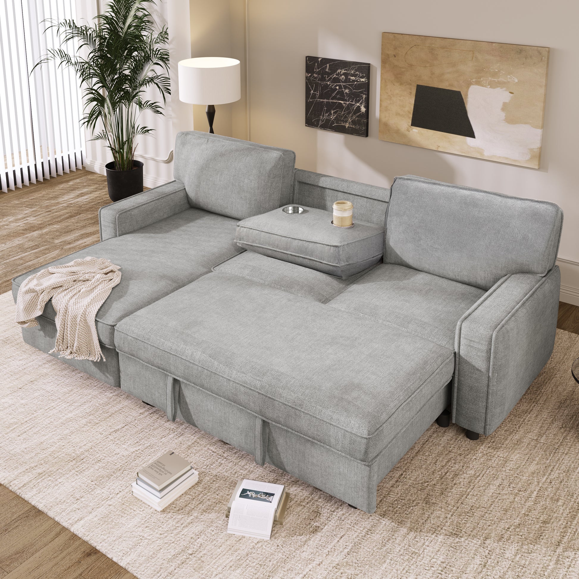 Upholstery Sleeper Sectional Sofa With Storage Space, Usb Port, 2 Cup Holders On Back Cushions Same Sku Wy000335Aae Gray Wood Square Arms Polyester 3 Seat