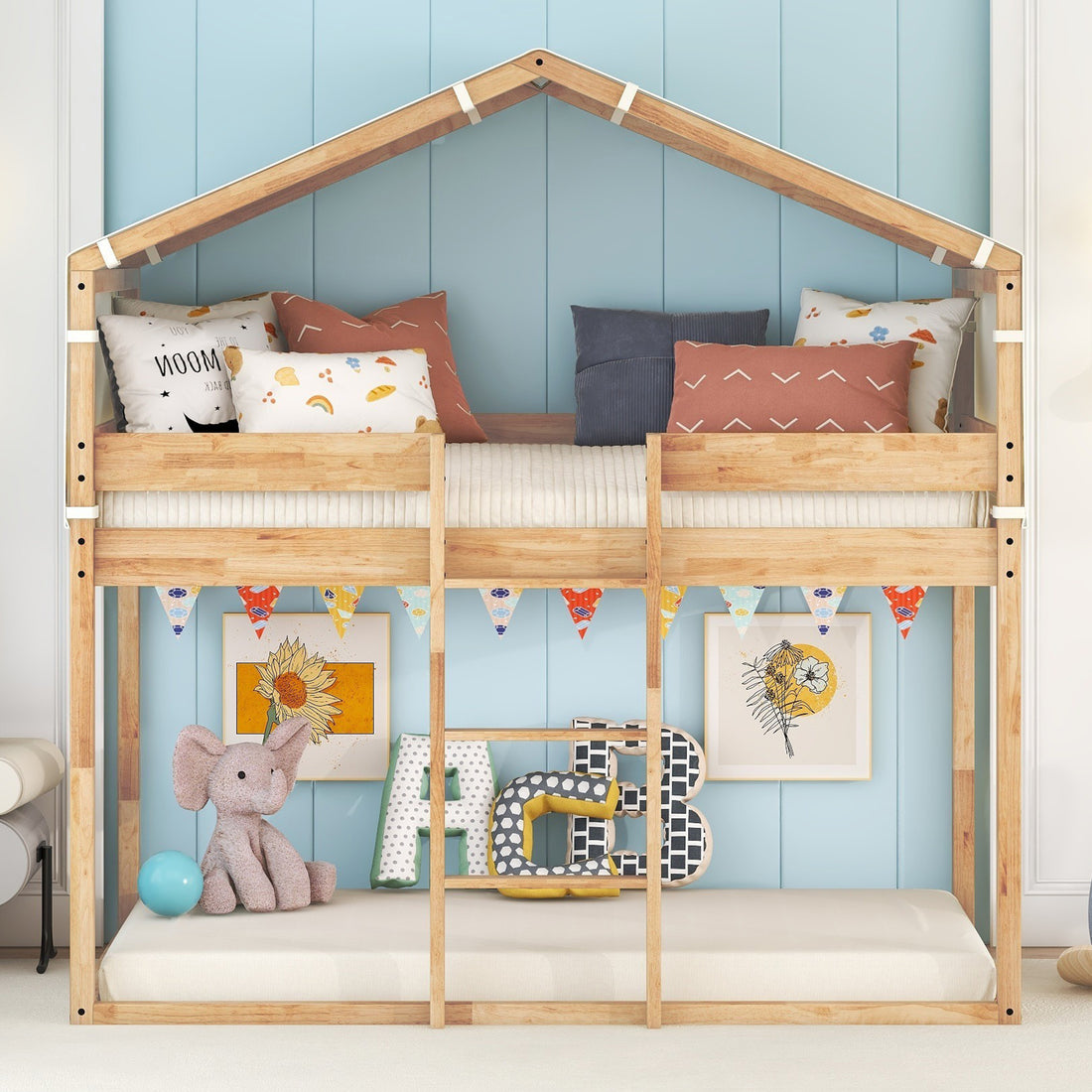 Twin Over Twin Bunk Bed Wood Bed With Tent, Natural Natural Solid Wood