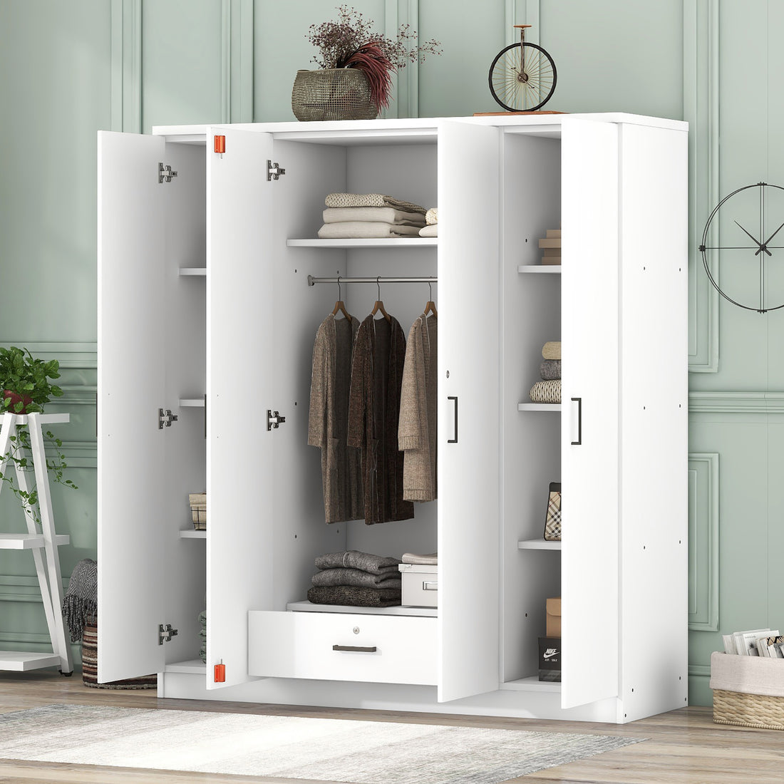 4 Door Wardrobe With 1 Drawer, White Hinged White White Shelf 1 Drawer Bedroom Ball Bearing Glides Contemporary 4 Lockable Mdf