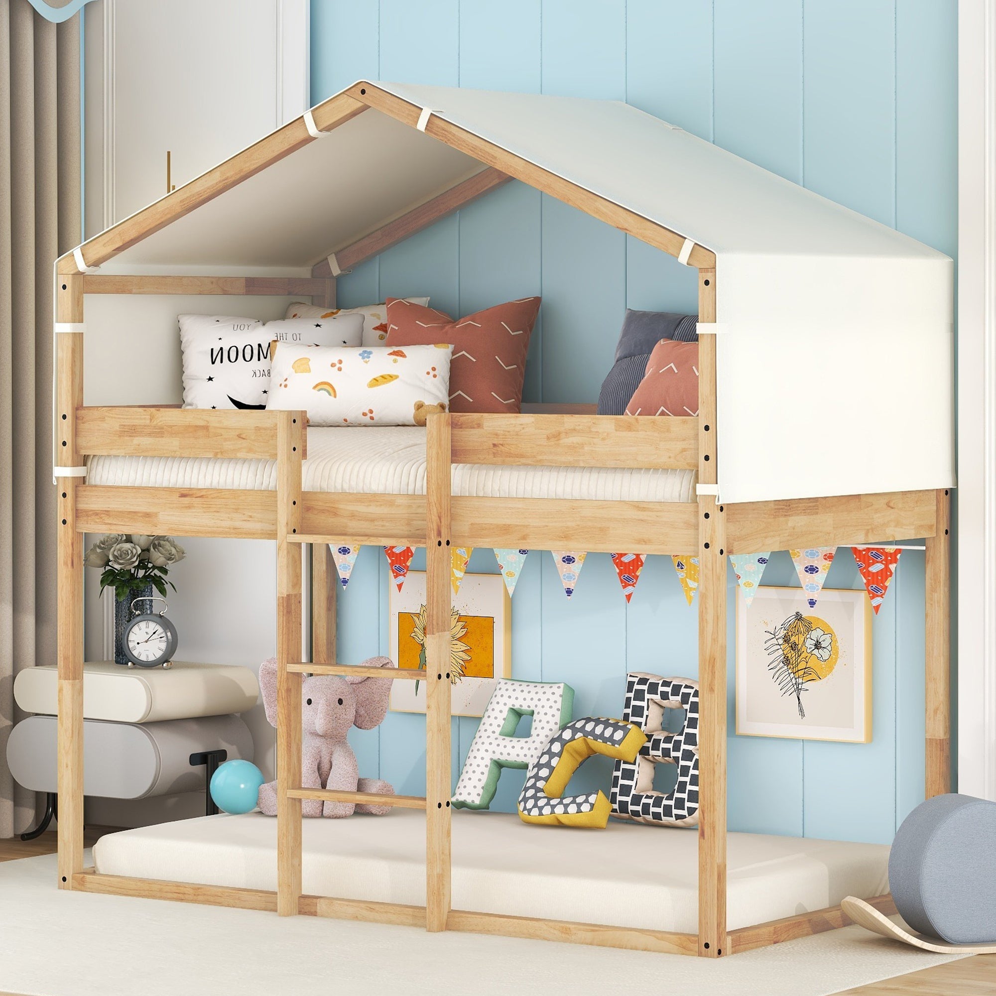 Twin Over Twin Bunk Bed Wood Bed With Tent, Natural Natural Solid Wood