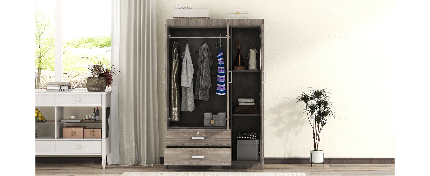 3 Door Wardrobe With 2 Drawers, Wood Grain Effect In Gray Hinged Gray Gray Shelf 2 Drawers Bedroom Ball Bearing Glides Contemporary 3 Lockable Mdf