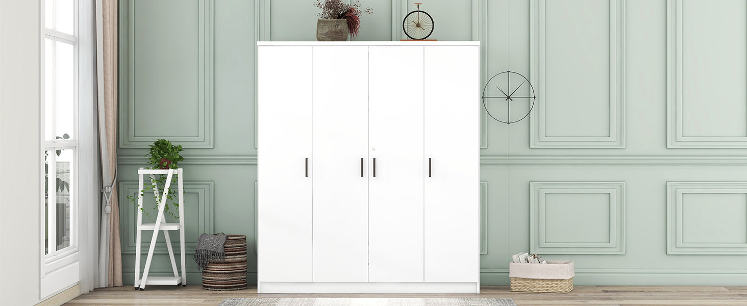 4 Door Wardrobe With 1 Drawer, White Hinged White White Shelf 1 Drawer Bedroom Ball Bearing Glides Contemporary 4 Lockable Mdf