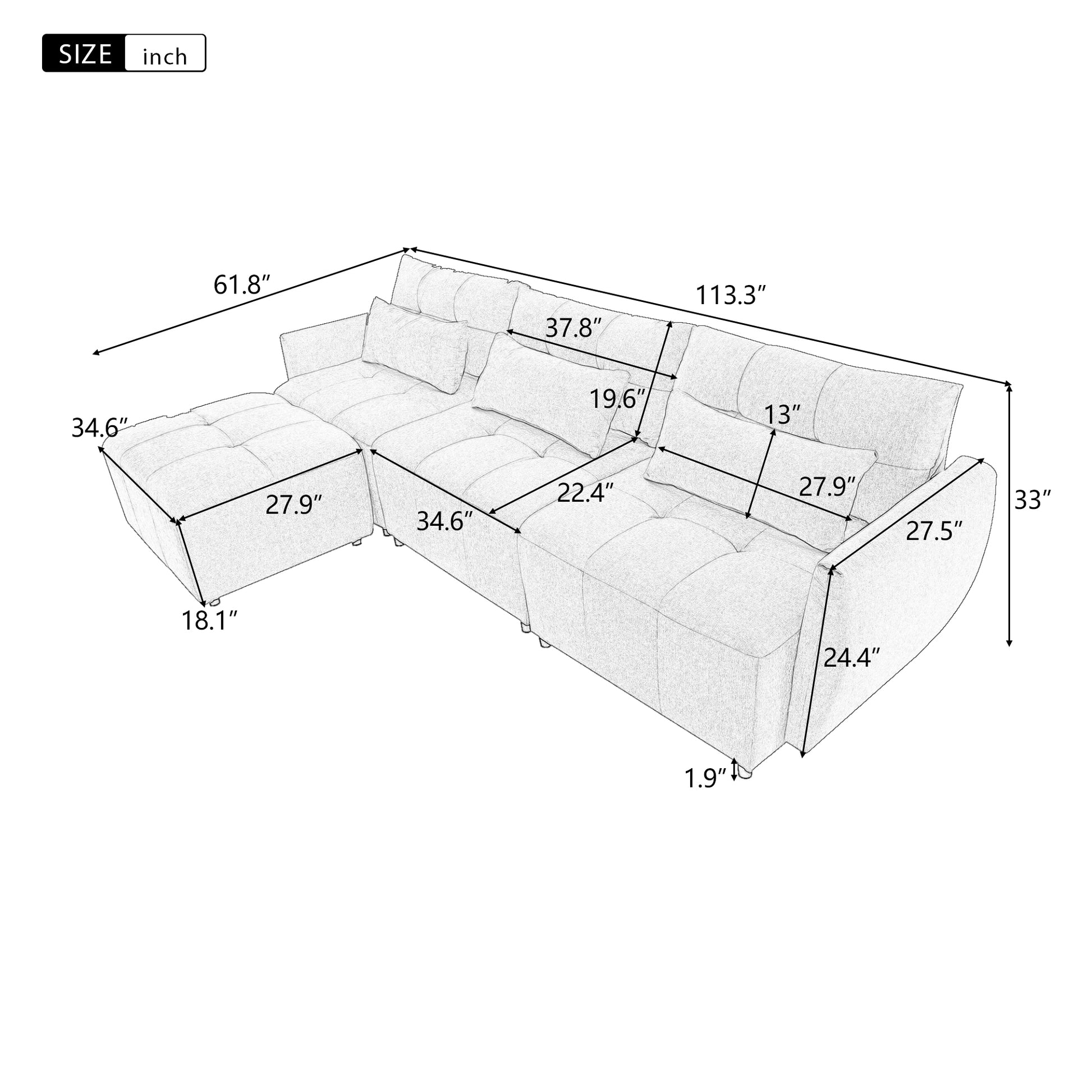 113.3" Convertible Sectional Sofa Couch 3 Seat L Shaped Sofa With Movable Ottoman And Usb For Apartment, Living Room, Bedroom, Grey Grey Chenille 3 Seat