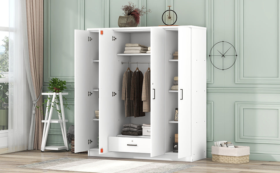 4 Door Wardrobe With 1 Drawer, White Hinged White White Shelf 1 Drawer Bedroom Ball Bearing Glides Contemporary 4 Lockable Mdf