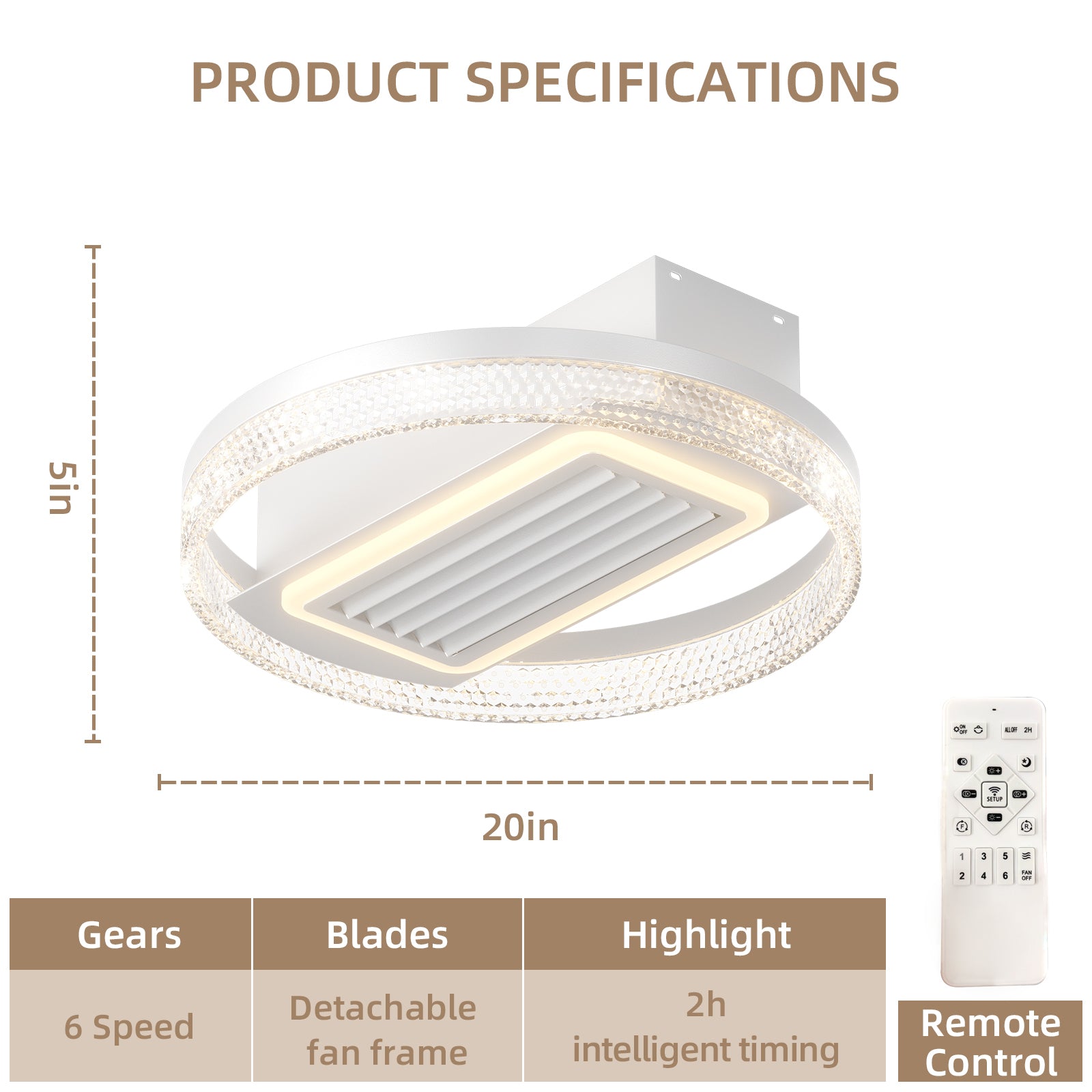20Inch Modern Leafless Ceiling Fan With Remote Control Removable And Washable, Reversible Motor White Modern Iron