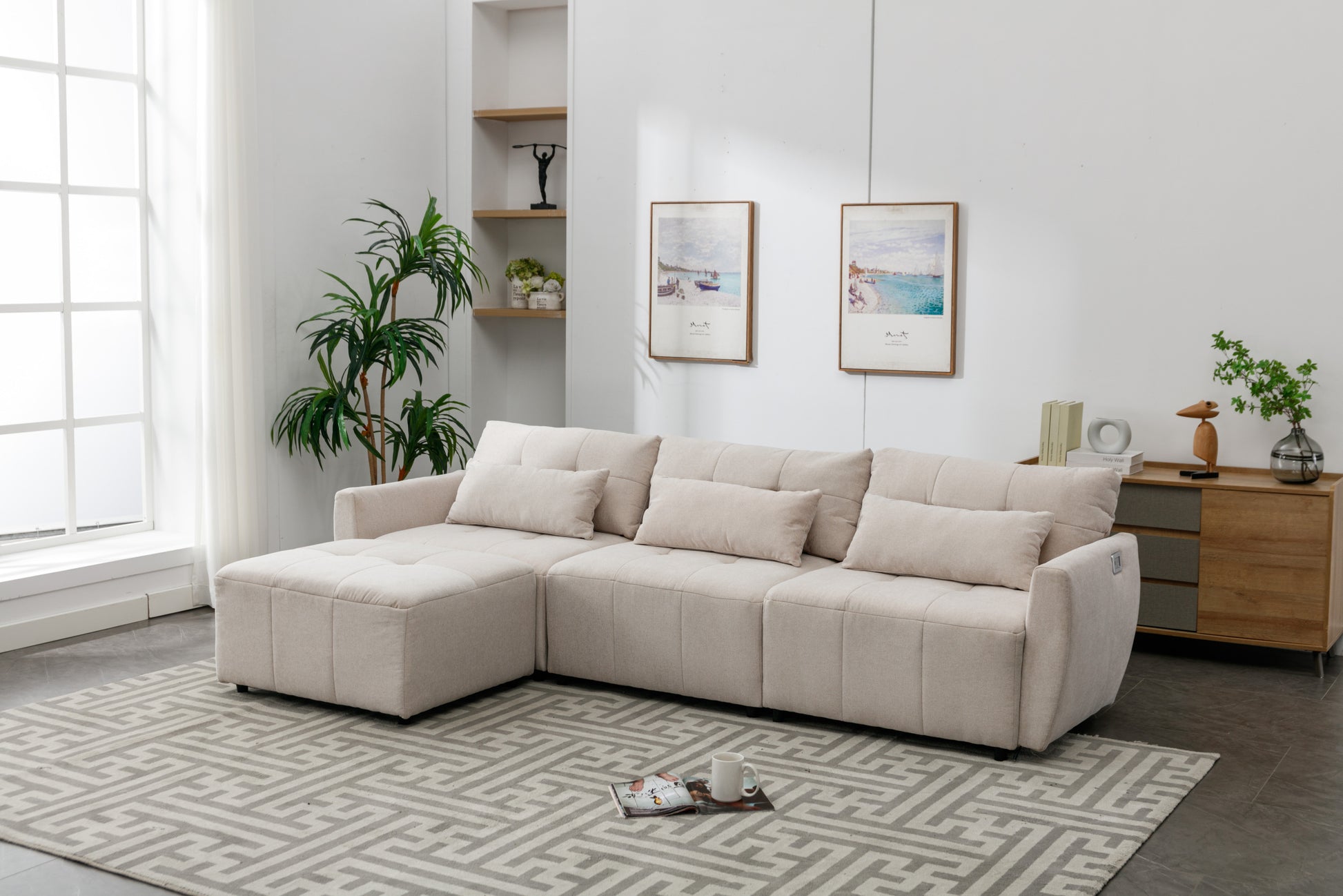 113.3" Convertible Sectional Sofa Couch 3 Seat L Shaped Sofa With Movable Ottoman And Usb For Apartment, Living Room, Bedroom, Beige Beige Chenille 3 Seat